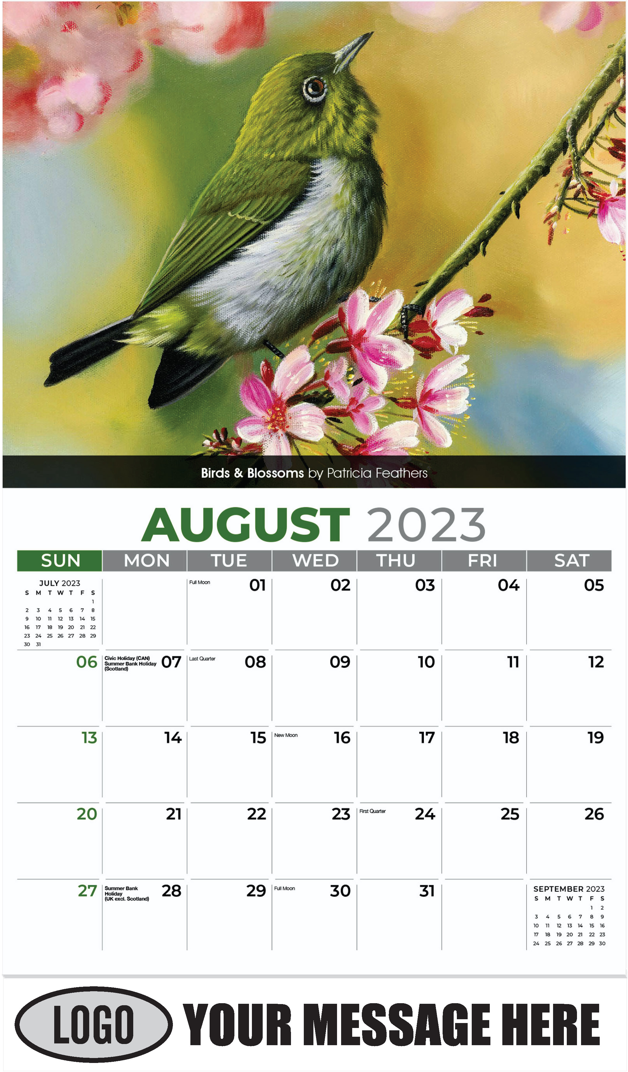 Birds & Blossoms by Patricia Feathers - August - Garden Birds 2023 Promotional Calendar