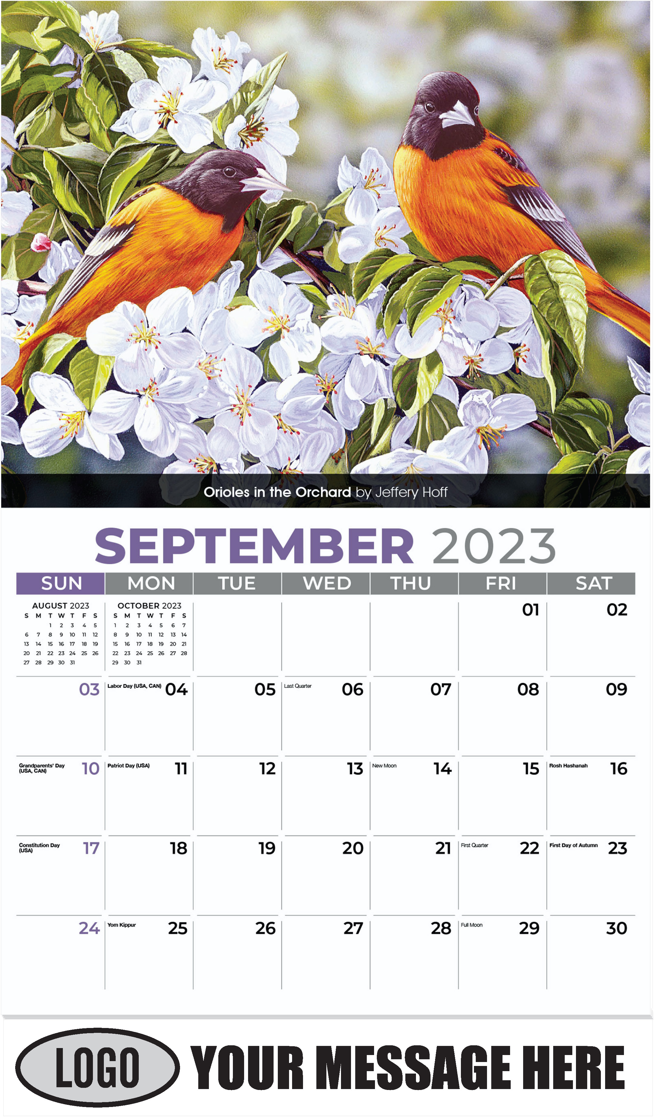 Orioles in the Orchard by Jeffery Hoff - September - Garden Birds 2023 Promotional Calendar