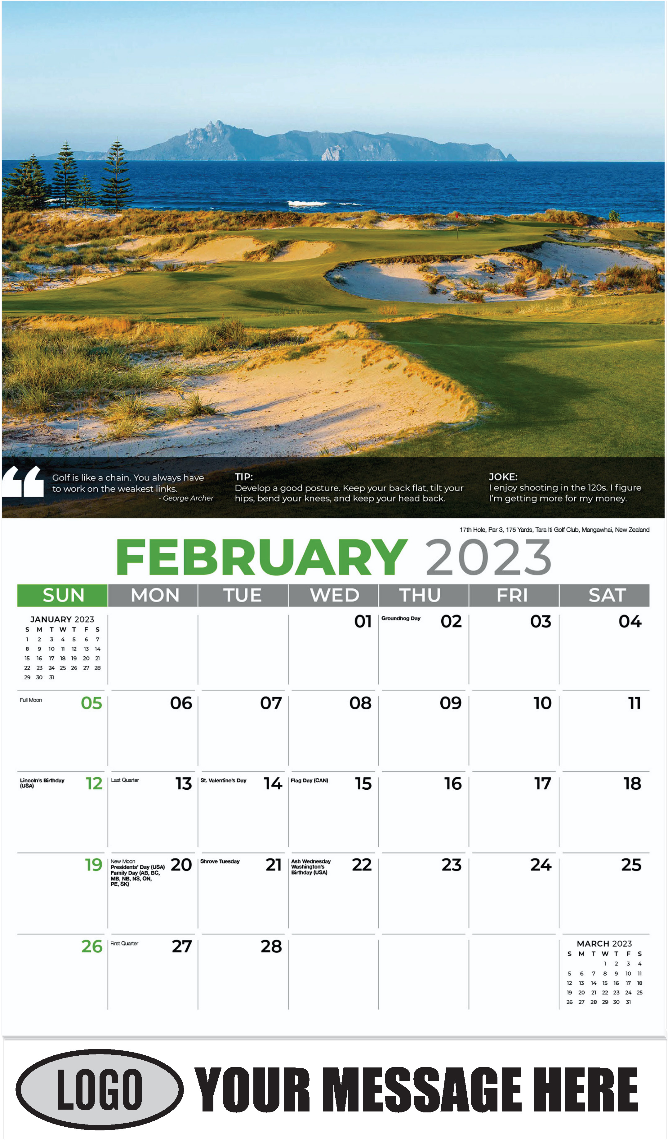 17th Hole, Par 3, 175 Yards, Tara Iti Golf Club, Mangawhai, New Zealand - February - Golf Tips  (Tips, Quips and Holes) 2023 Promotional Calendar