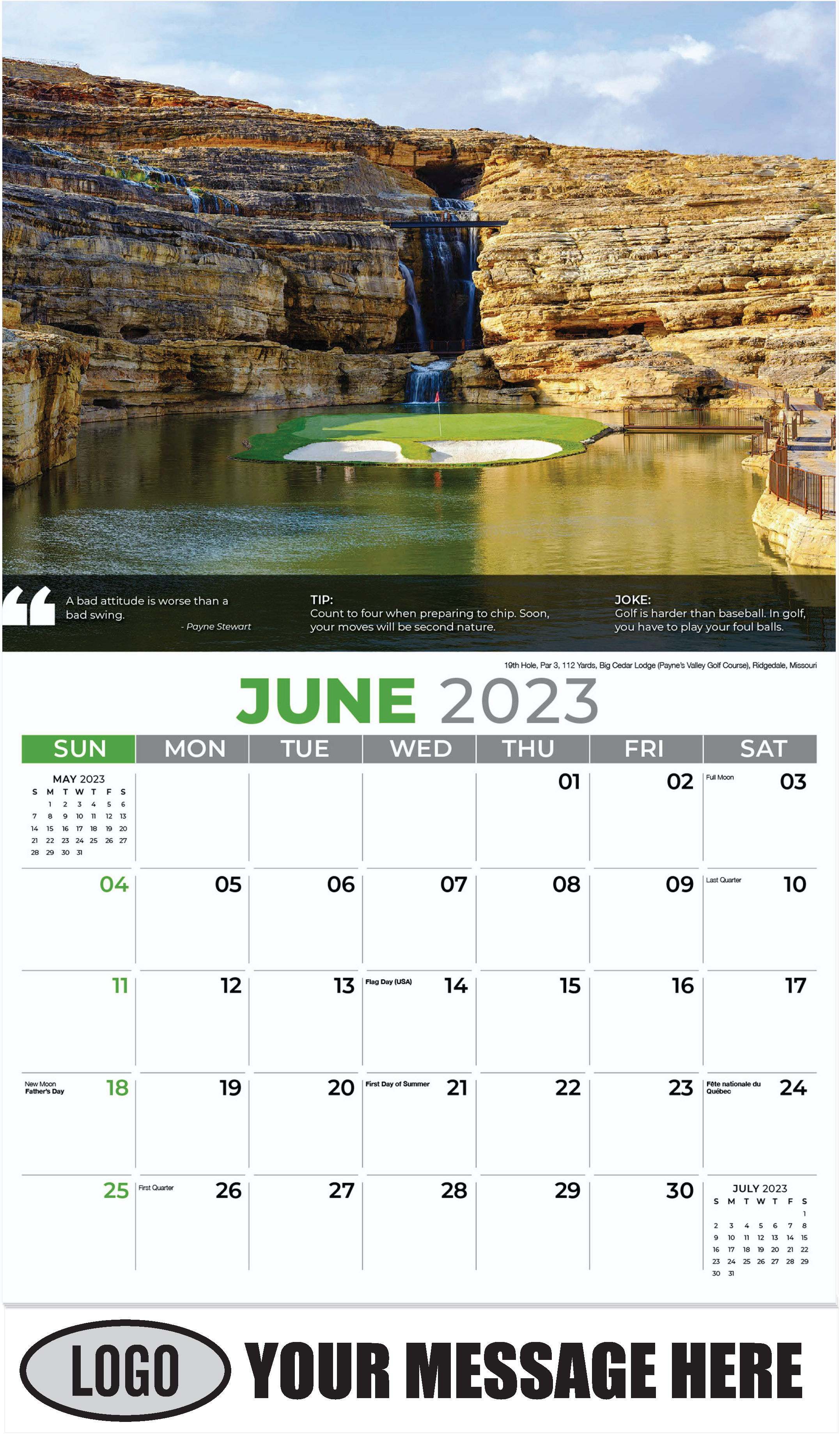 19th Hole, Par 3, 112 Yards, Big Cedar Lodge (Payne’s Valley Golf Course), Ridgedale, Missouri - June - Golf Tips  (Tips, Quips and Holes) 2023 Promotional Calendar