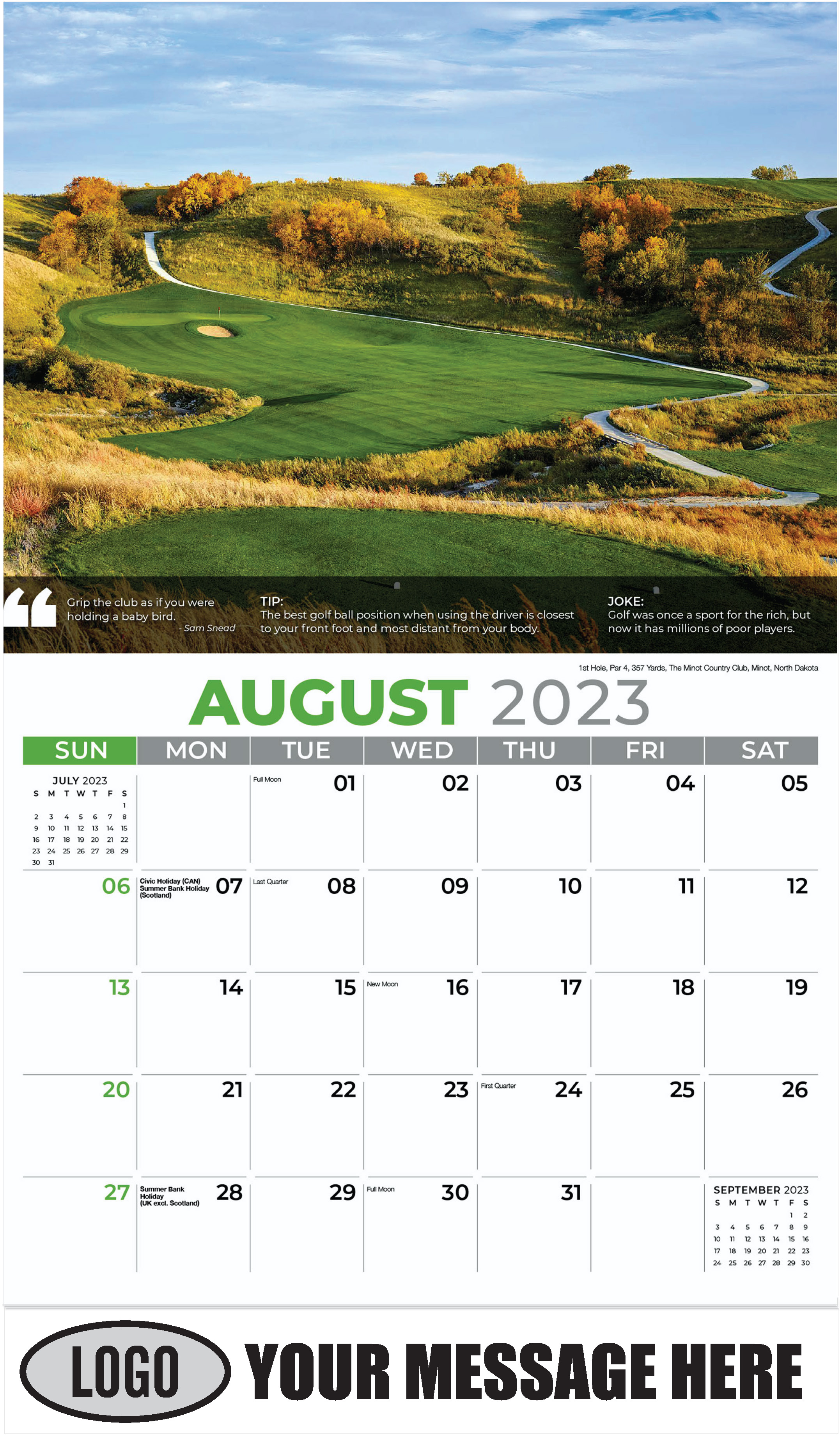 1st Hole, Par 4, 357 Yards, The Minot Country Club, Minot, North Dakota - August - Golf Tips  (Tips, Quips and Holes) 2023 Promotional Calendar