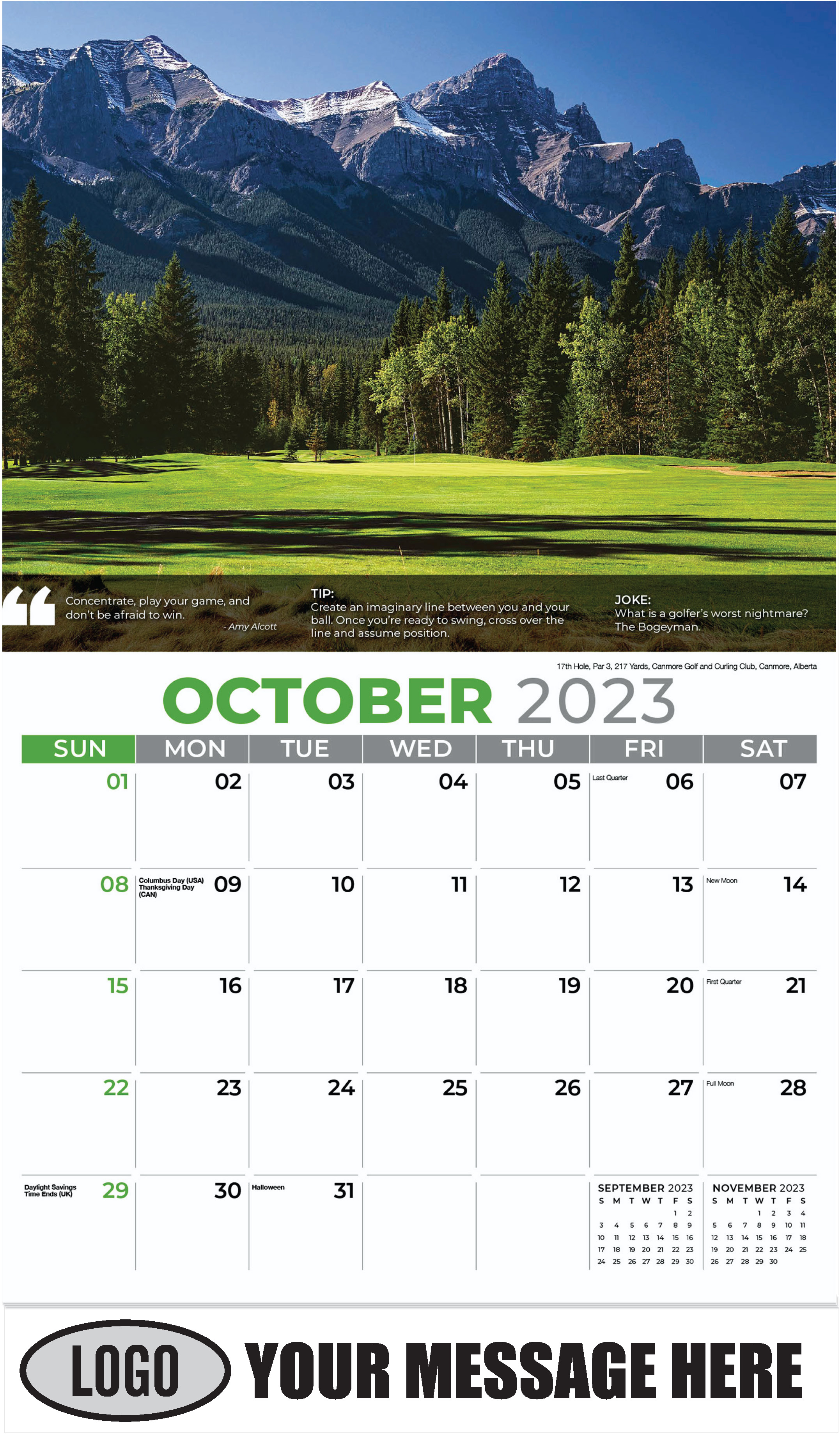 17th Hole, Par 3, 217 Yards, Canmore Golf and Curling Club, Canmore, Alberta - October - Golf Tips  (Tips, Quips and Holes) 2023 Promotional Calendar