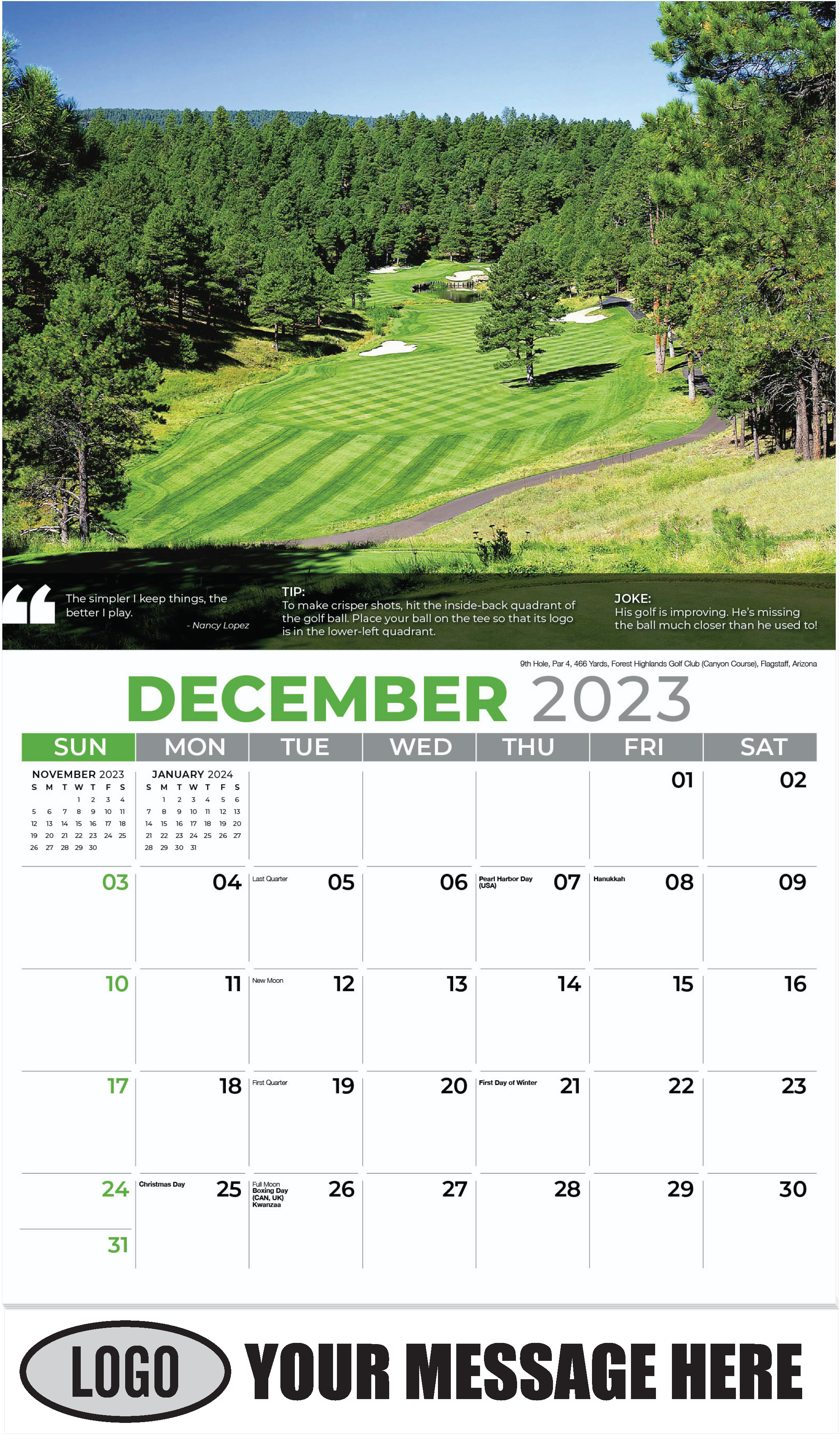 9th Hole, Par 4, 466 Yards, Forest Highlands Golf Club (Canyon Course), Flagstaff, Arizona - December 2023 - Golf Tips  (Tips, Quips and Holes) 2023 Promotional Calendar