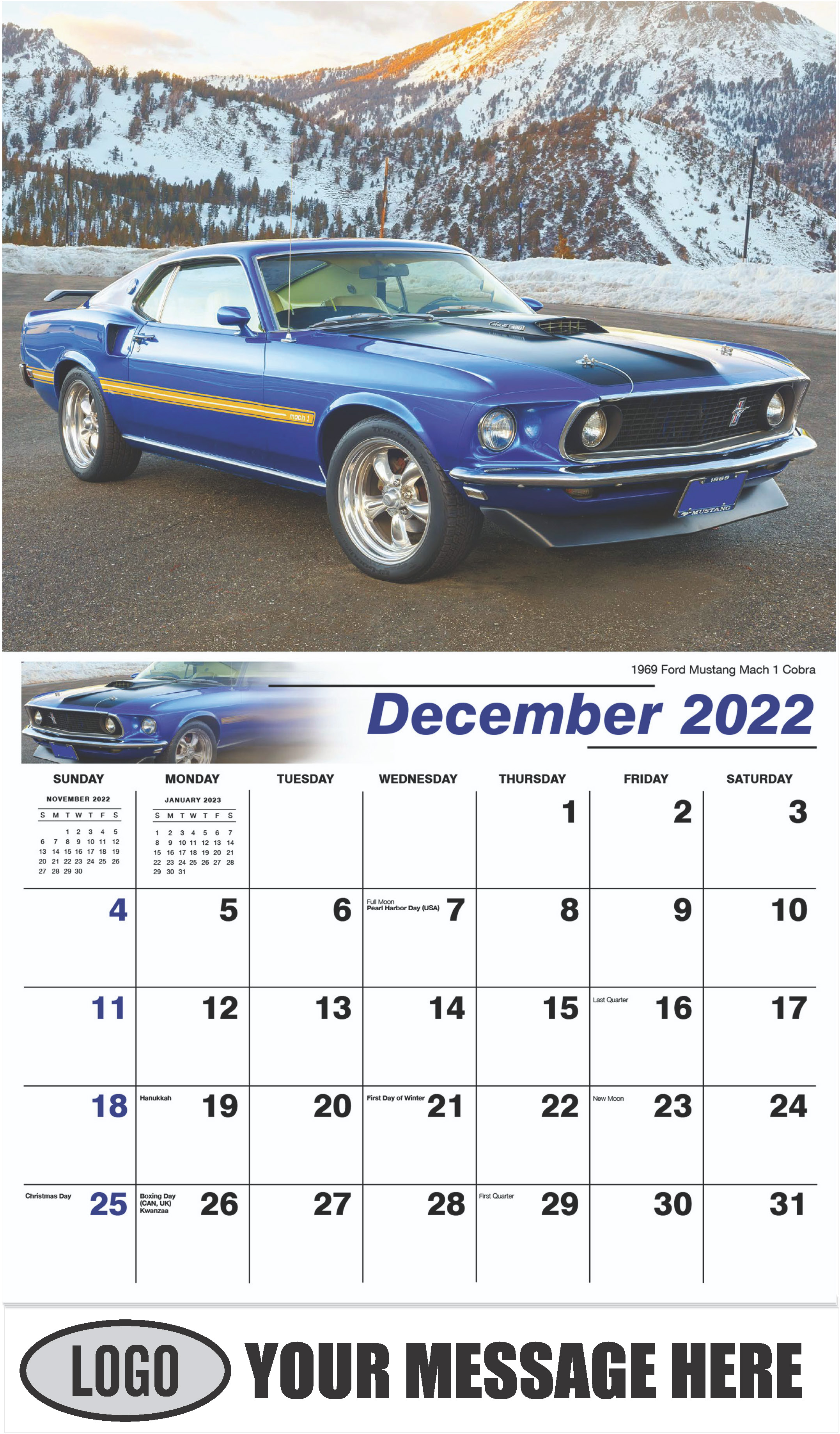 1969 Ford Mustang Mach 1 Cobra - December 2022 - Henry's Heritage Ford Cars 2023 Promotional Calendar