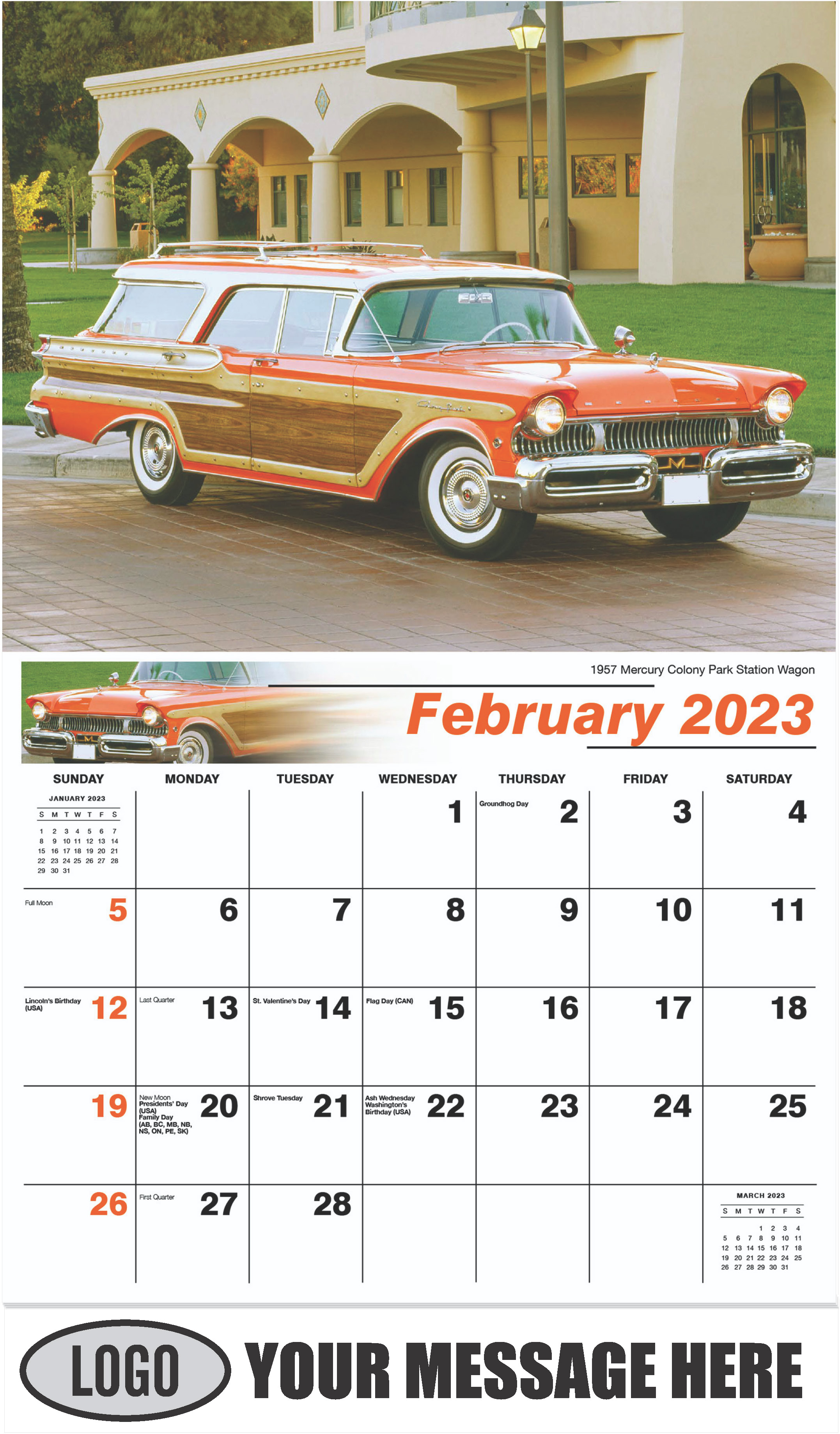 1957 Mercury Colony Park Station Wagon - February - Henry's Heritage Ford Cars 2023 Promotional Calendar