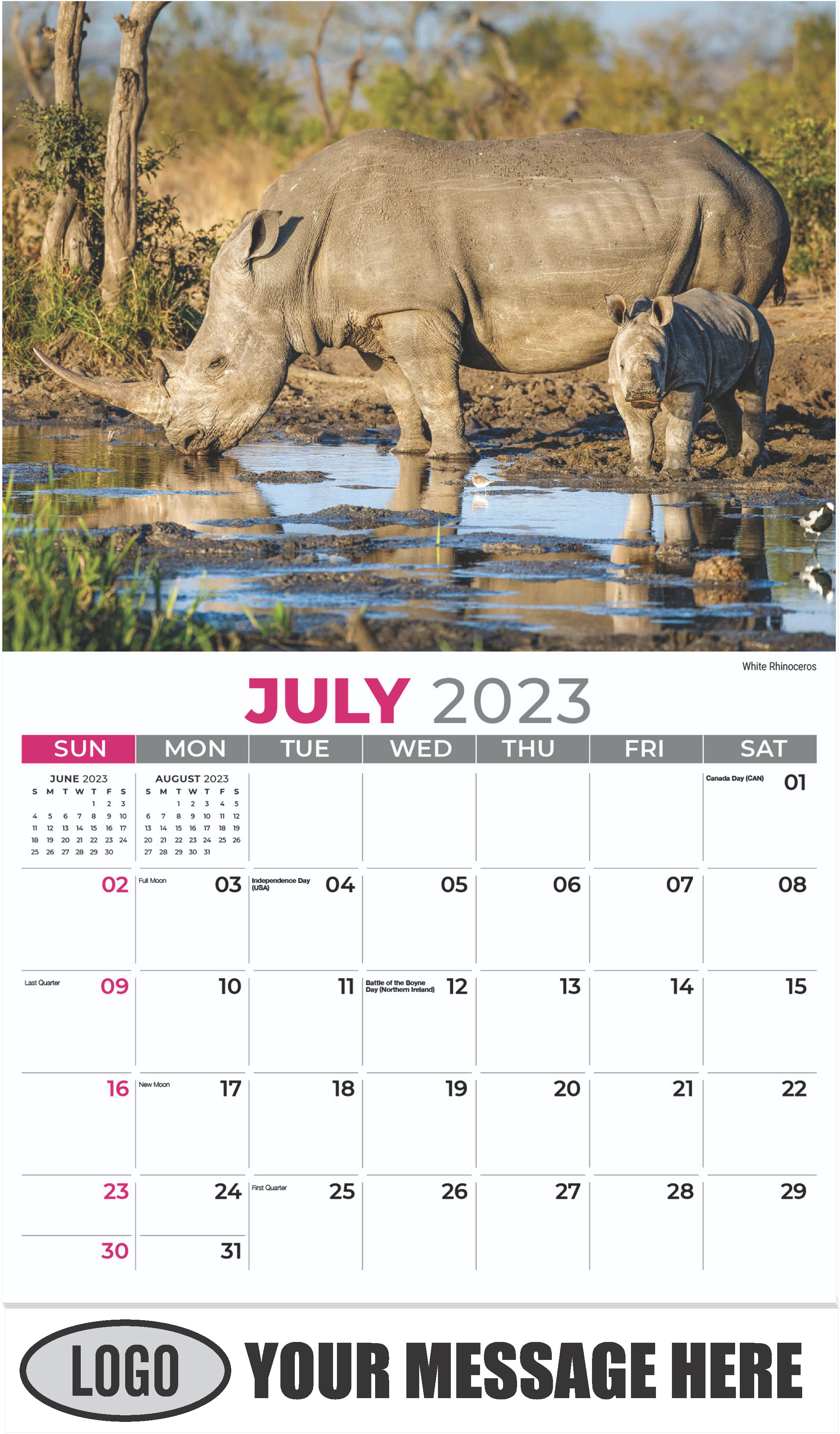 White Rhinoceros - July - International Wildlife 2023 Promotional Calendar