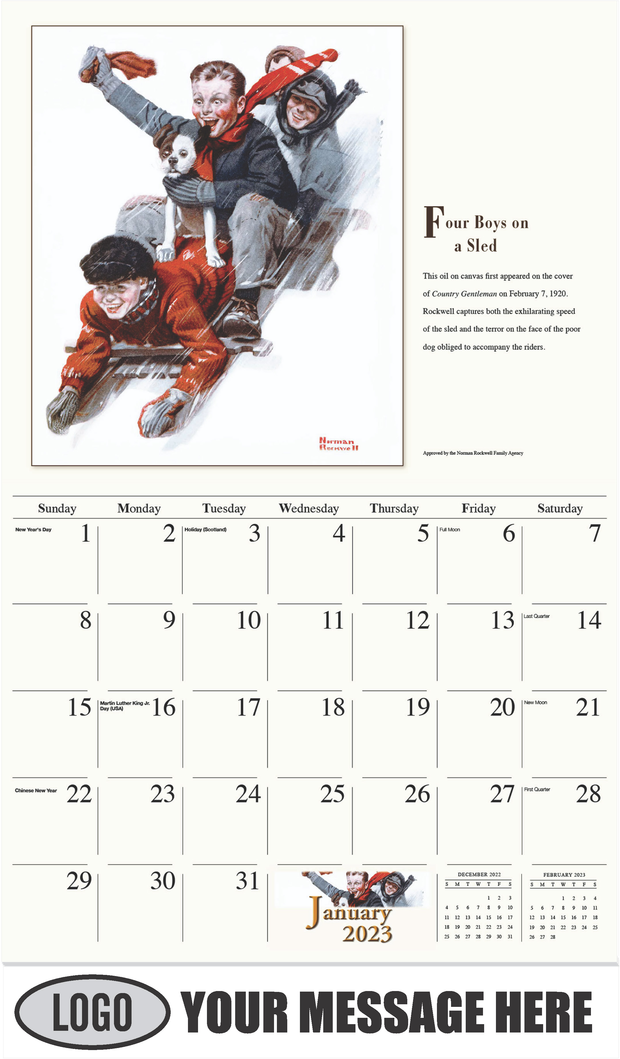 Four Boys on a Sled - January - Norman Rockwell - Memorable Images 2023 Promotional Calendar
