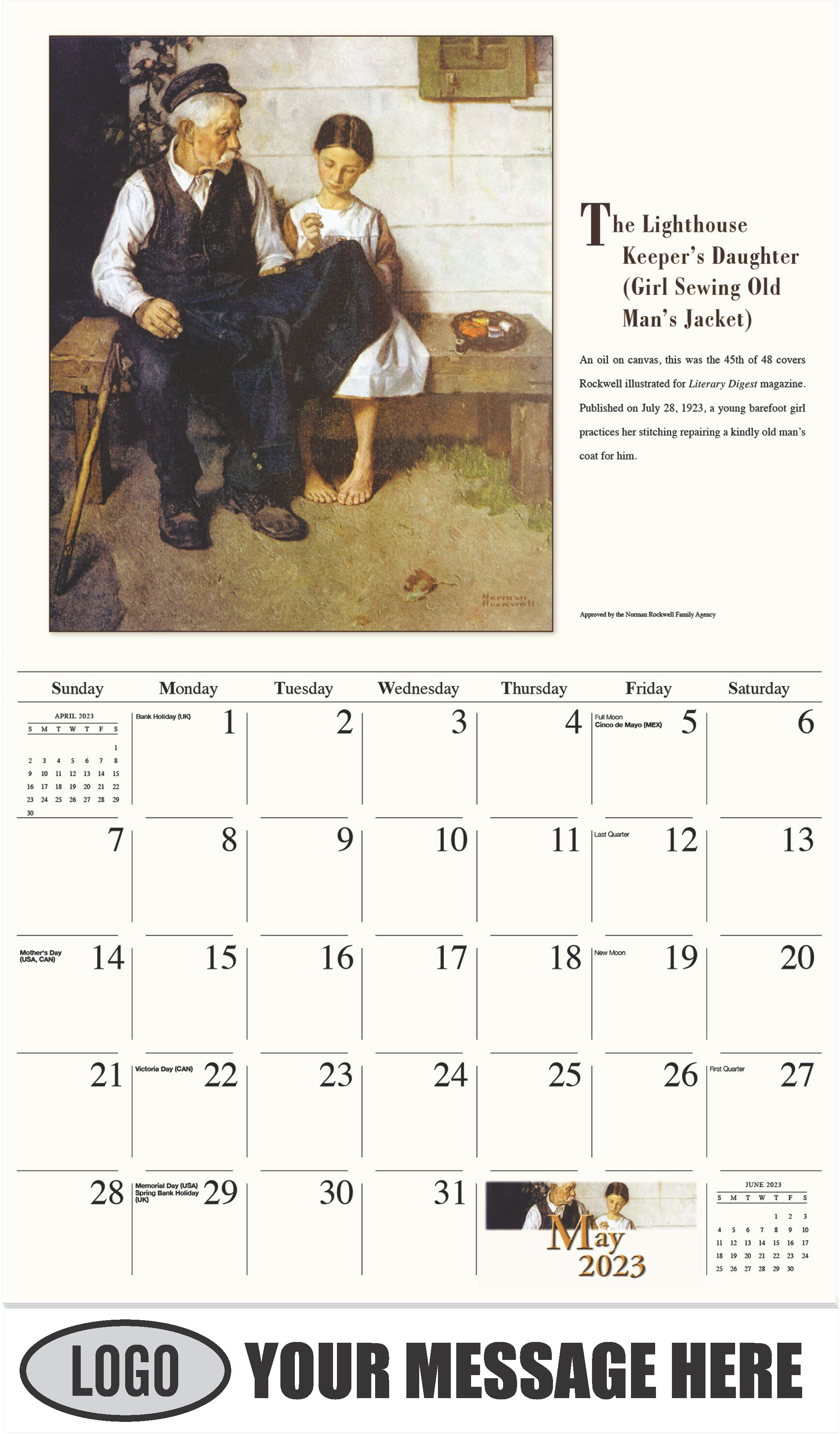 The Lighthouse Keeper’s Daughter (Girl Sewing Old Man’s Jacket) - May - Norman Rockwell - Memorable Images 2023 Promotional Calendar