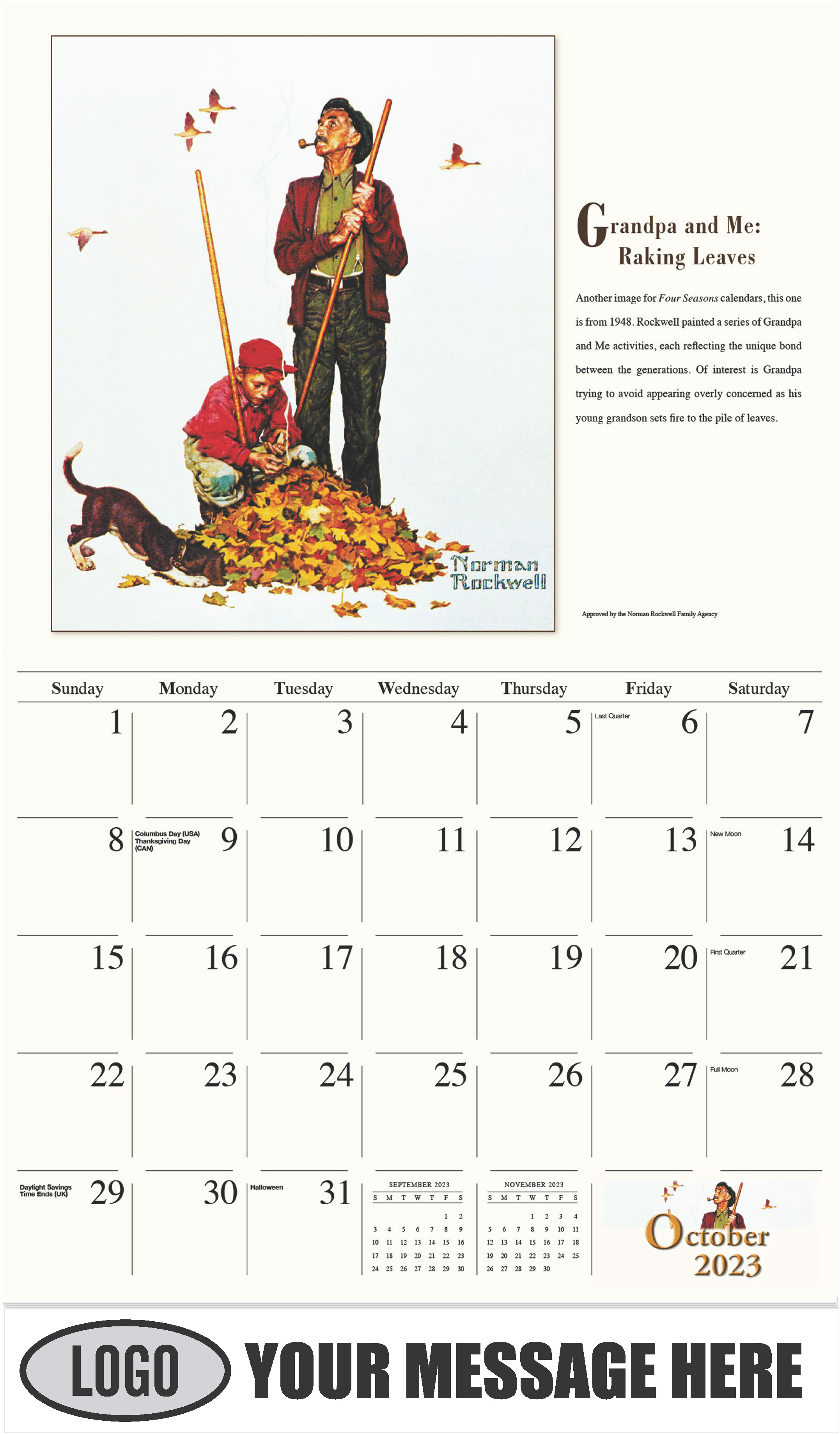 Grandpa and Me: Raking Leaves - October - Norman Rockwell - Memorable Images 2023 Promotional Calendar