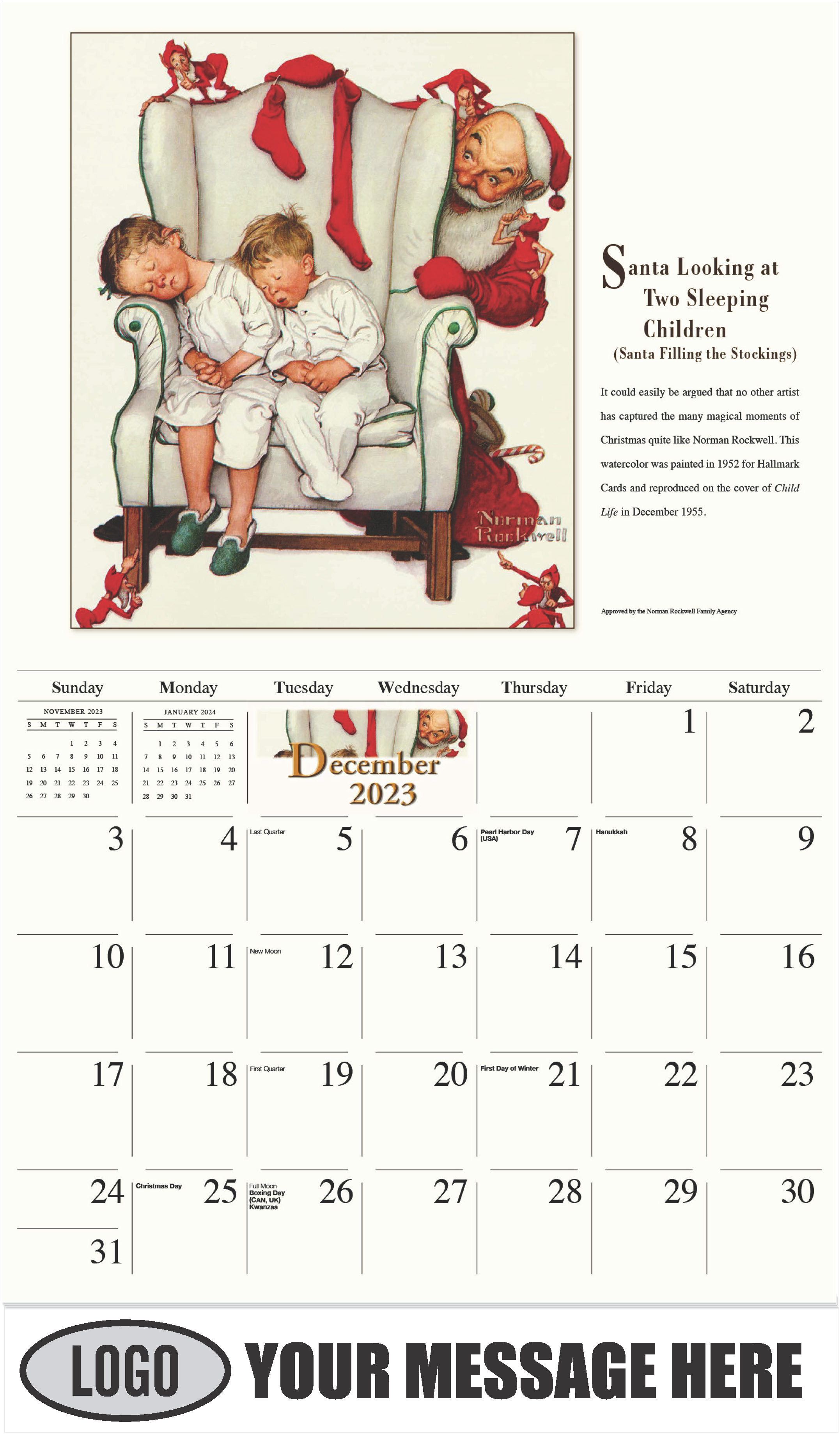 Santa Looking at Two Sleeping Children (Santa Filling the Stockings) - December 2023 - Norman Rockwell - Memorable Images 2023 Promotional Calendar