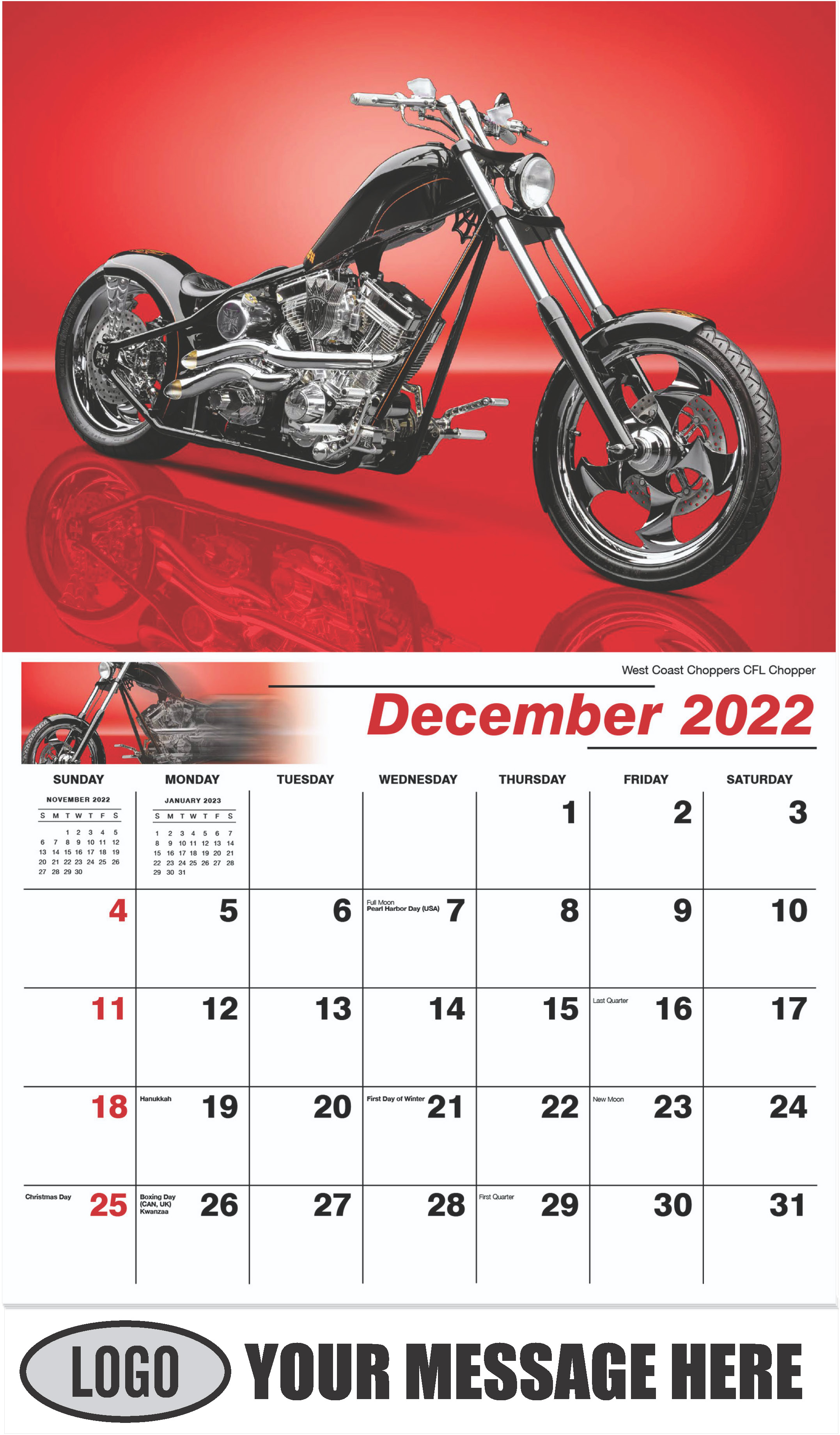 West Coast Choppers CFL Chopper - December 2022 - Motorcycle Mania 2023 Promotional Calendar