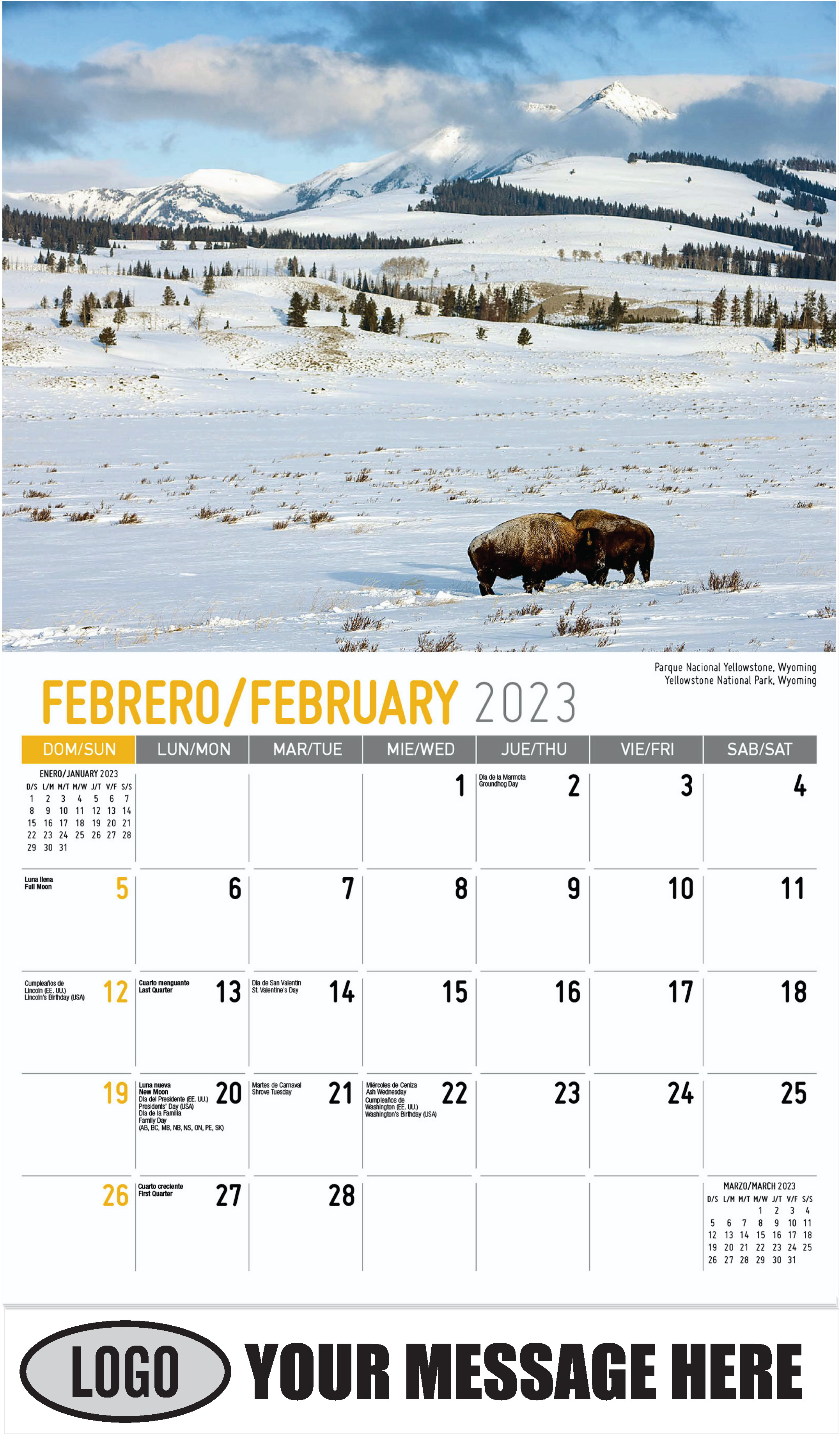 Yellowstone National Park, Wyoming - February - Scenes of America (Spanish-English bilingual) 2023 Promotional Calendar