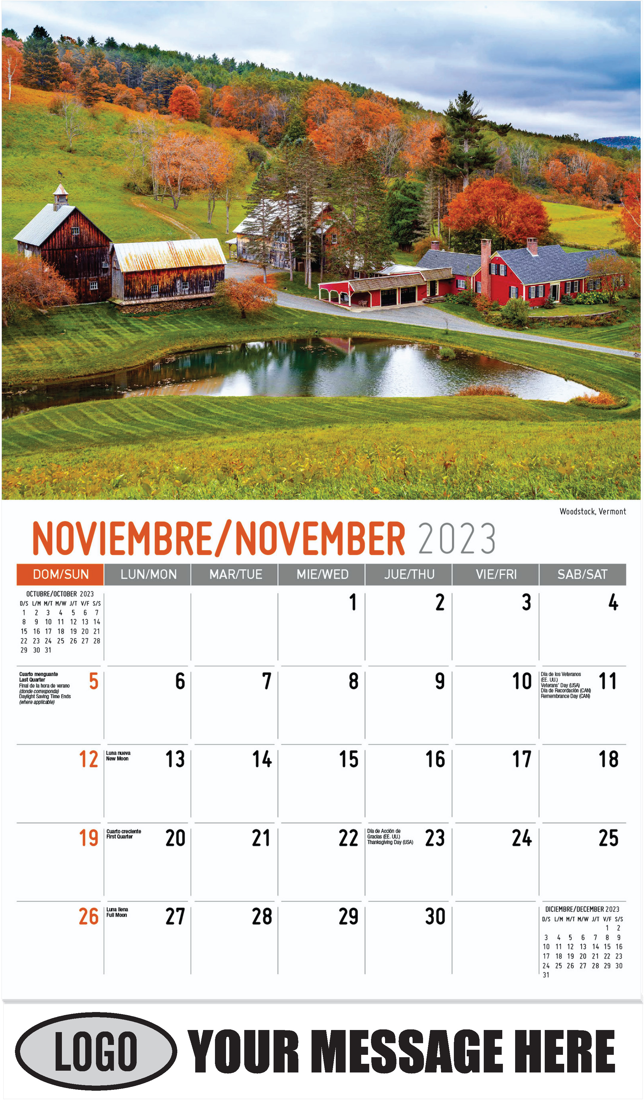 Woodstock, Vermont - November - Scenes of America (Spanish-English bilingual) 2023 Promotional Calendar