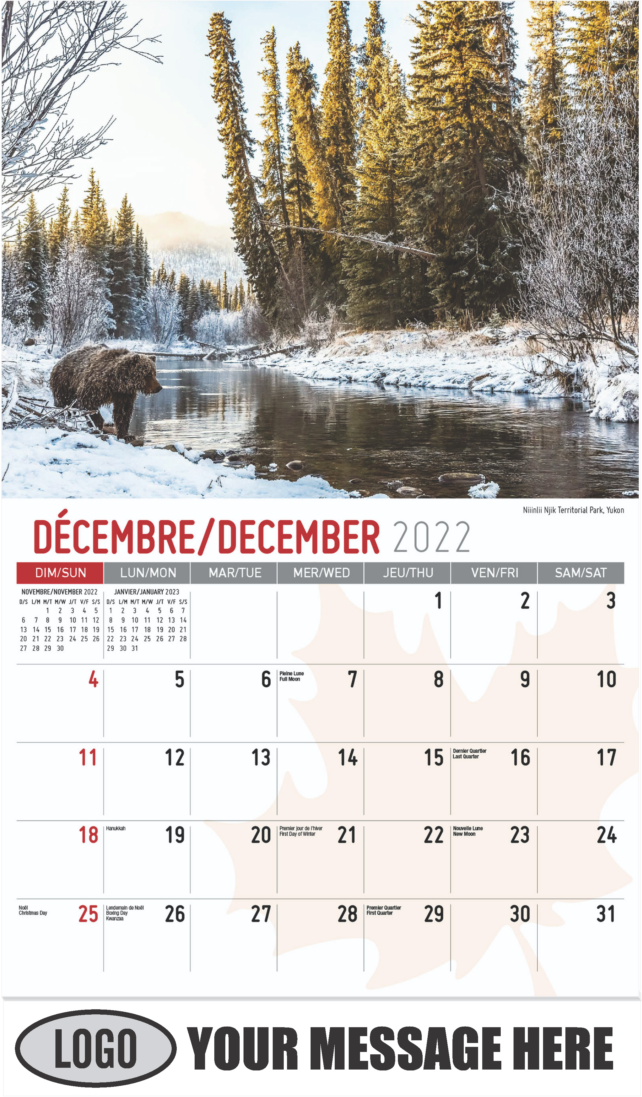 Niiinlii Njik Territorial Park, Yukon - December 2022 - Scenes of Canada(French-English bilingual) 2023 Promotional Calendar