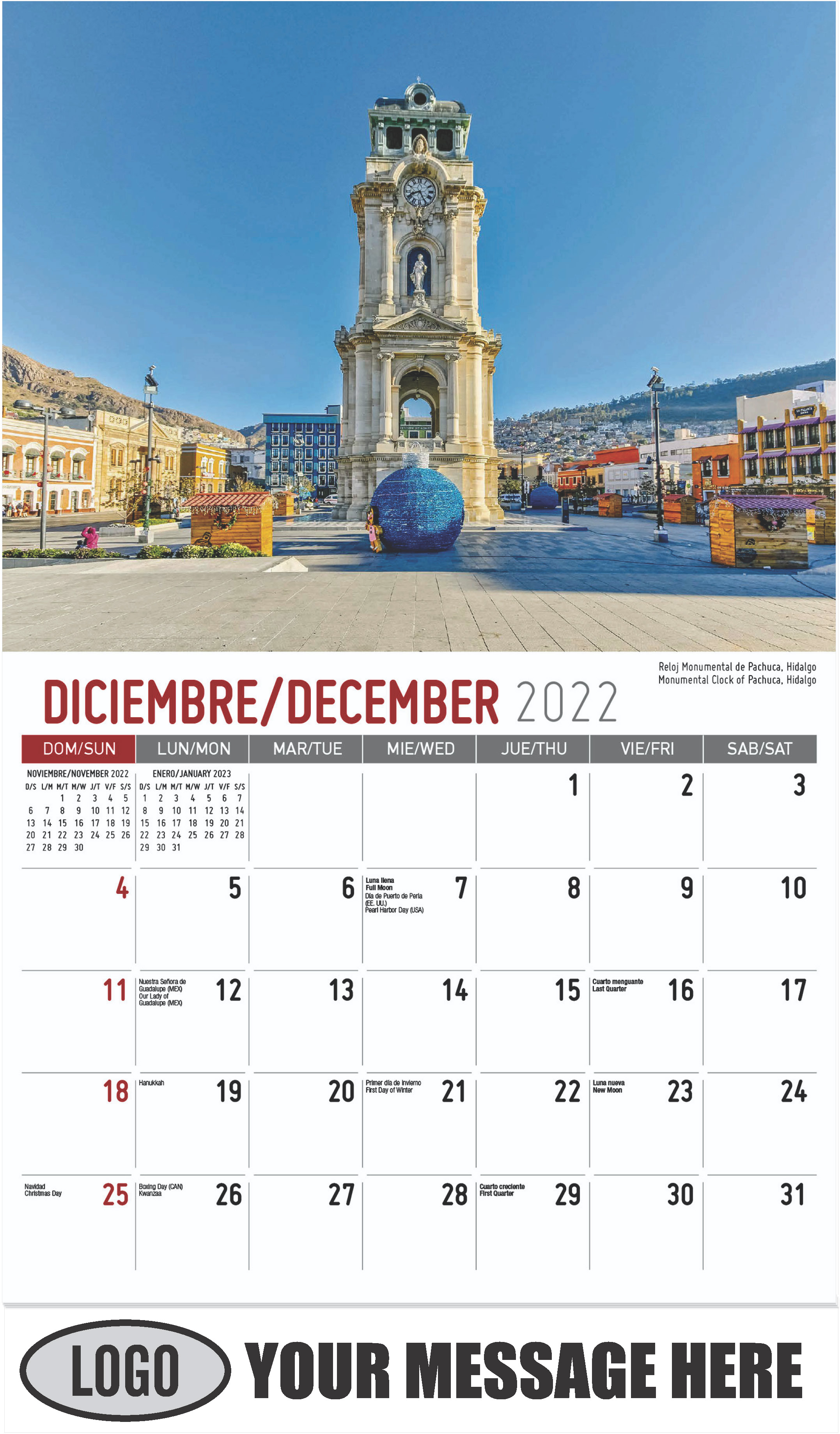 Monumental Clock of Pachuca,Hidalgo - December 2022 - Scenes of Mexico (Spanish-English bilingual) 2023 Promotional Calendar
