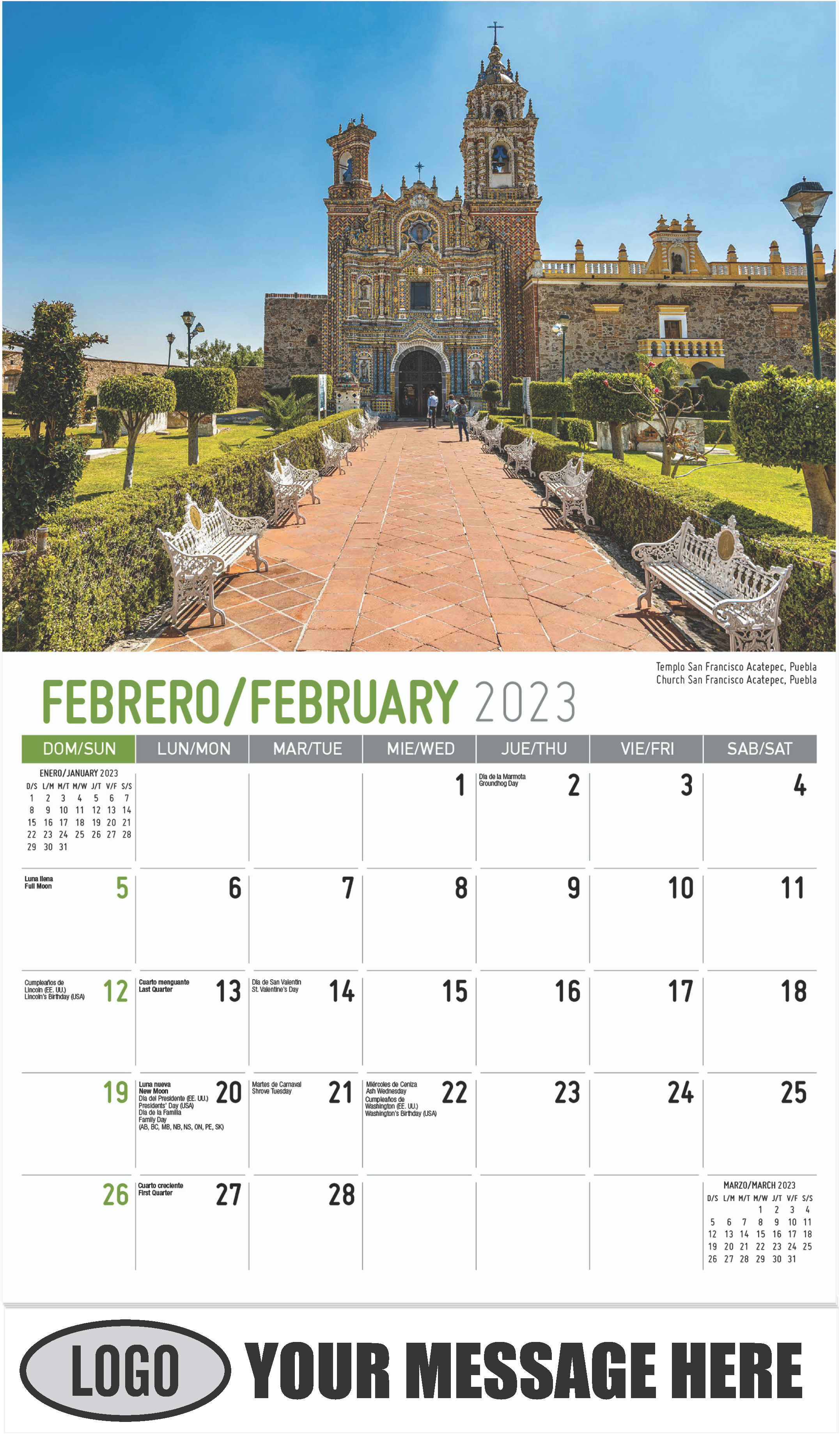 Church San Francisco Acatepec, Puebla - February - Scenes of Mexico (Spanish-English bilingual) 2023 Promotional Calendar