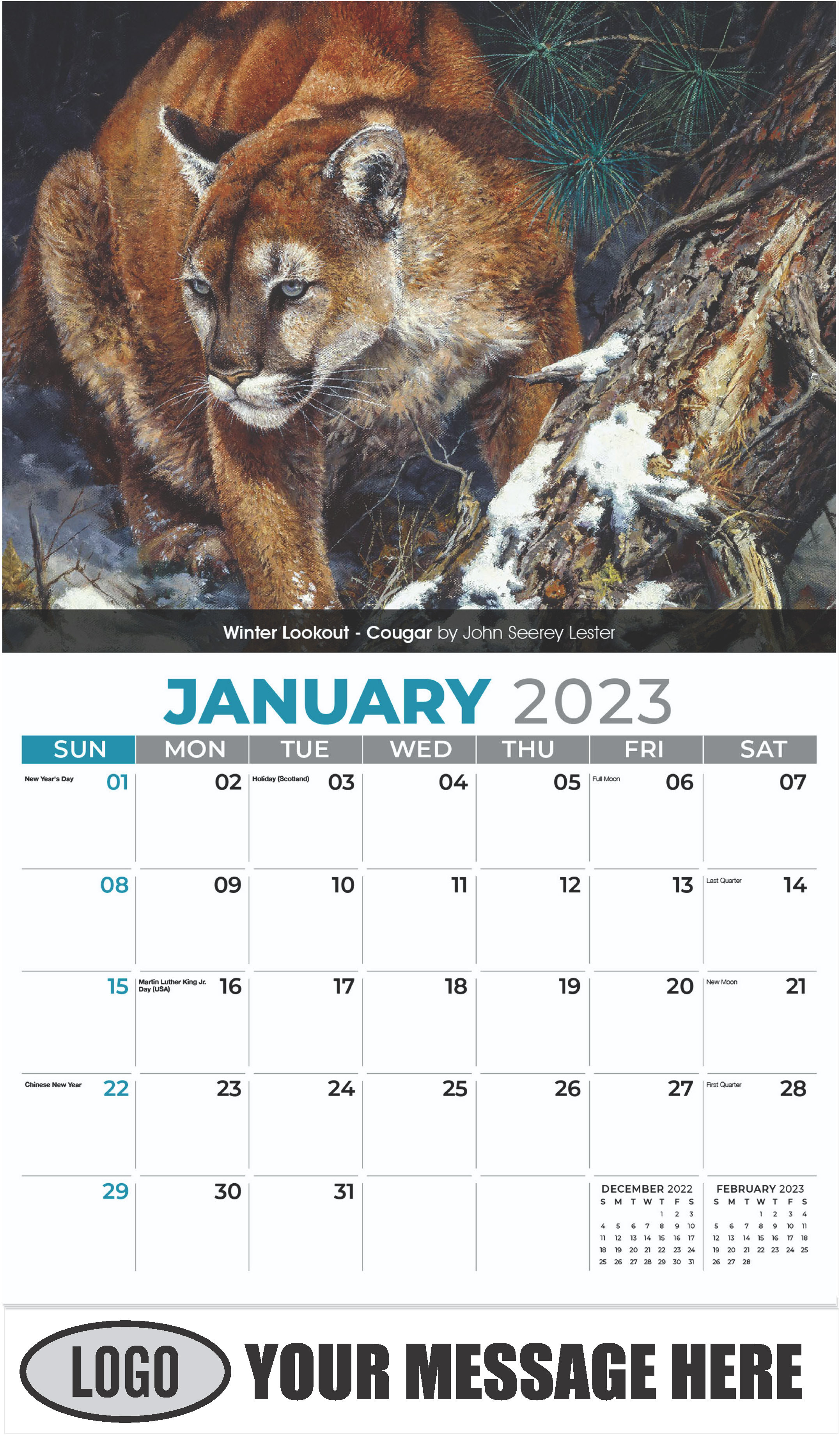 1 Wildlife Winter Lookout Cougar by John Seerey Lester - January - Wildlife Portraits 2023 Promotional Calendar