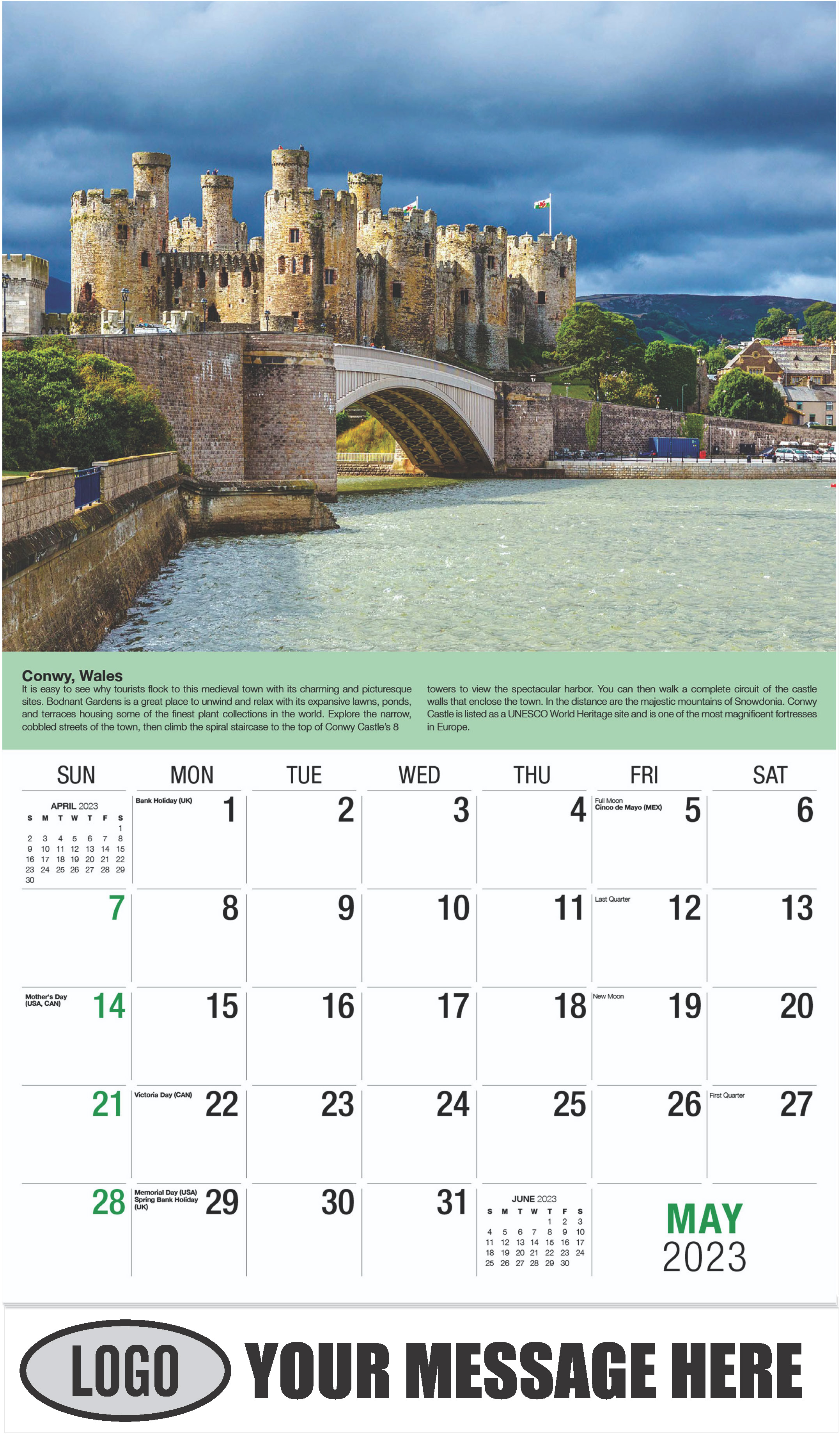 Conwy Castle and harbour, Conwy, North Wales - May - World Travel 2023 Promotional Calendar