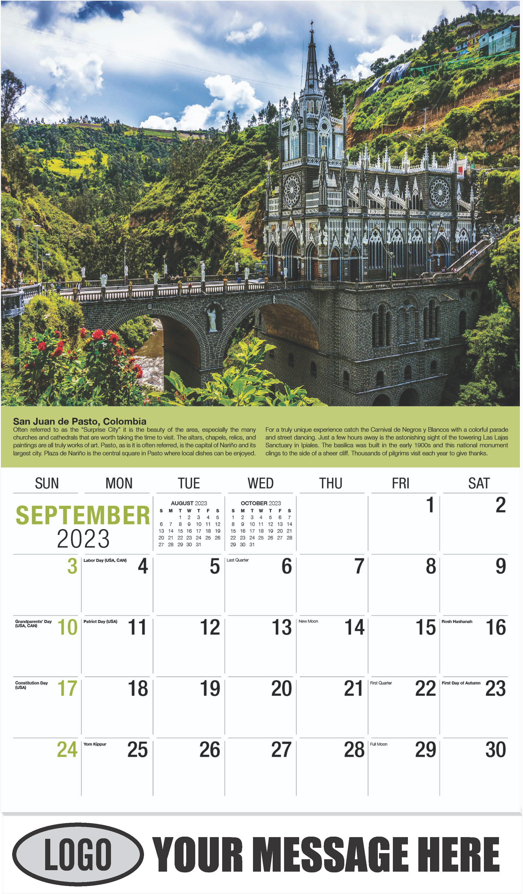 Las Lajas Cathedral, Colombia - September - World Travel 2023 Promotional Calendar