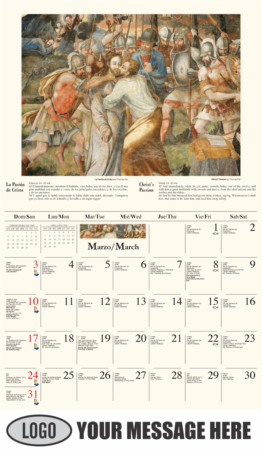 Catholic Inspirations bilingual 2024 Church Advertising Calendar - March