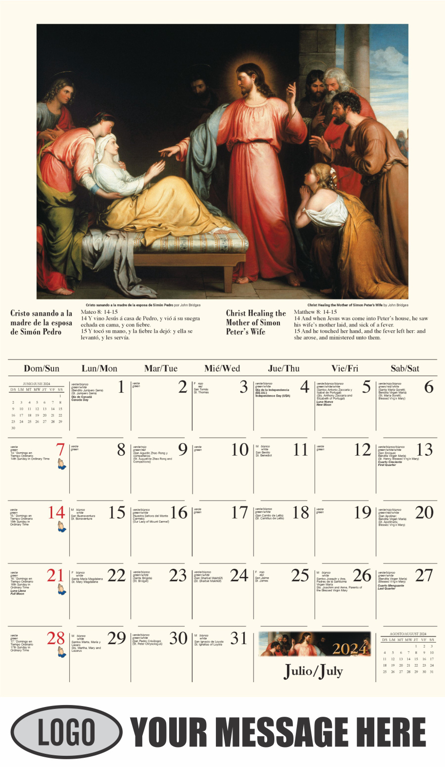 Catholic Inspirations bilingual 2024 Church Advertising Calendar - July