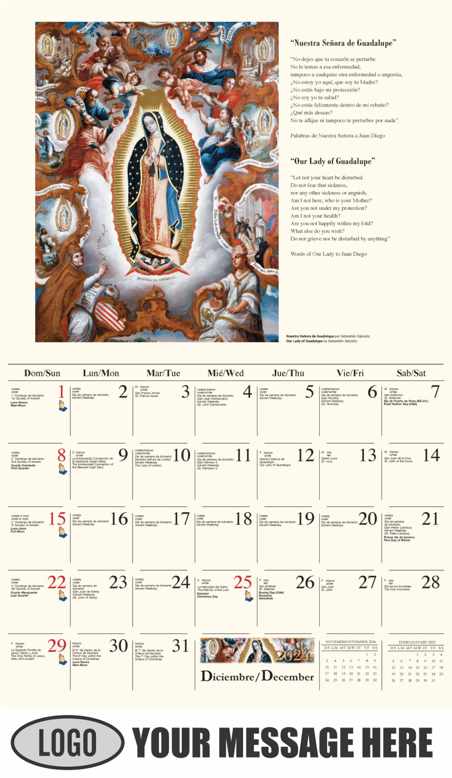 Catholic Inspirations bilingual 2024 Church Advertising Calendar - December