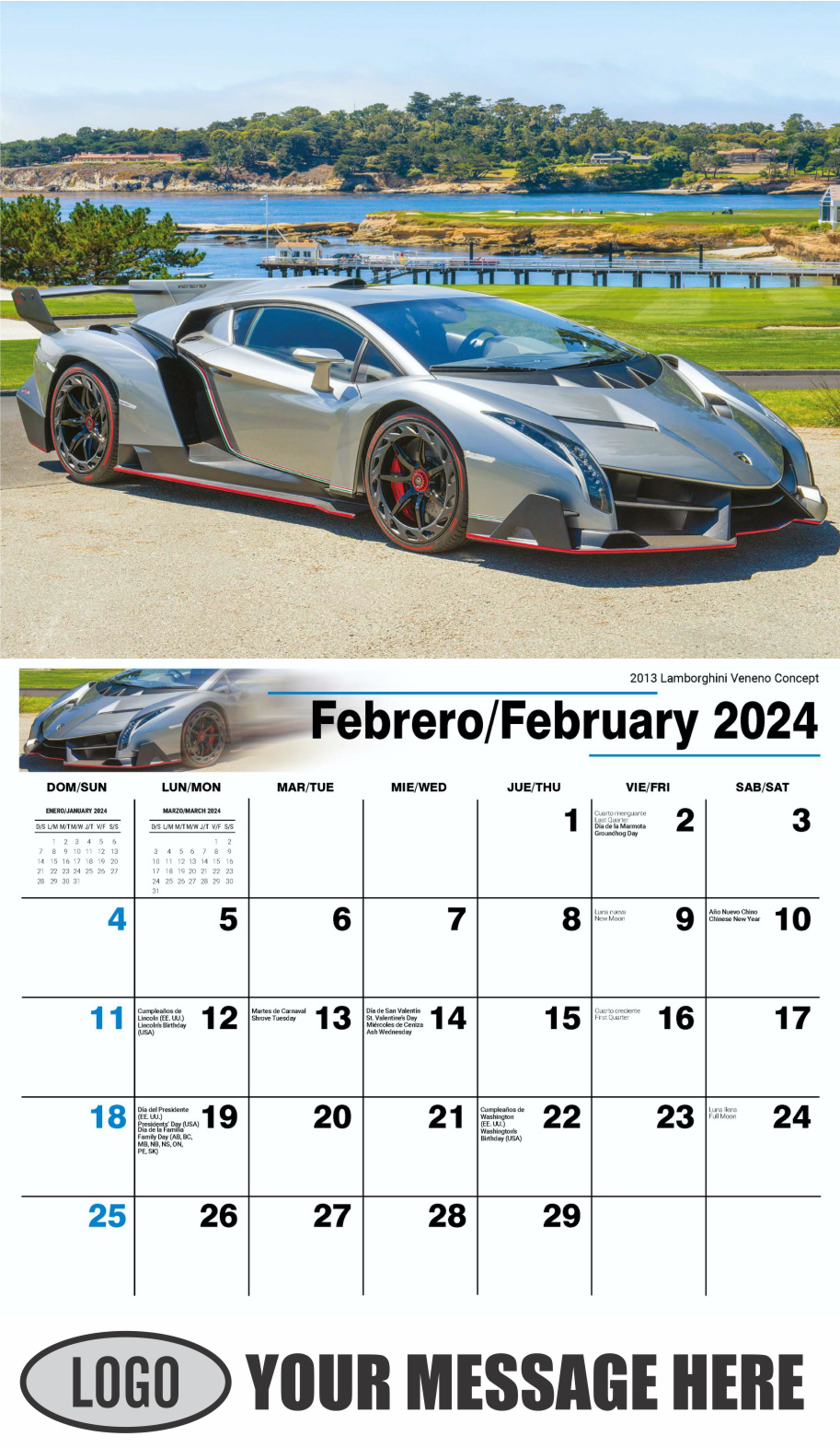 Exotic Cars 2024 Bilingual Automotive Business Promotional Calendar - February