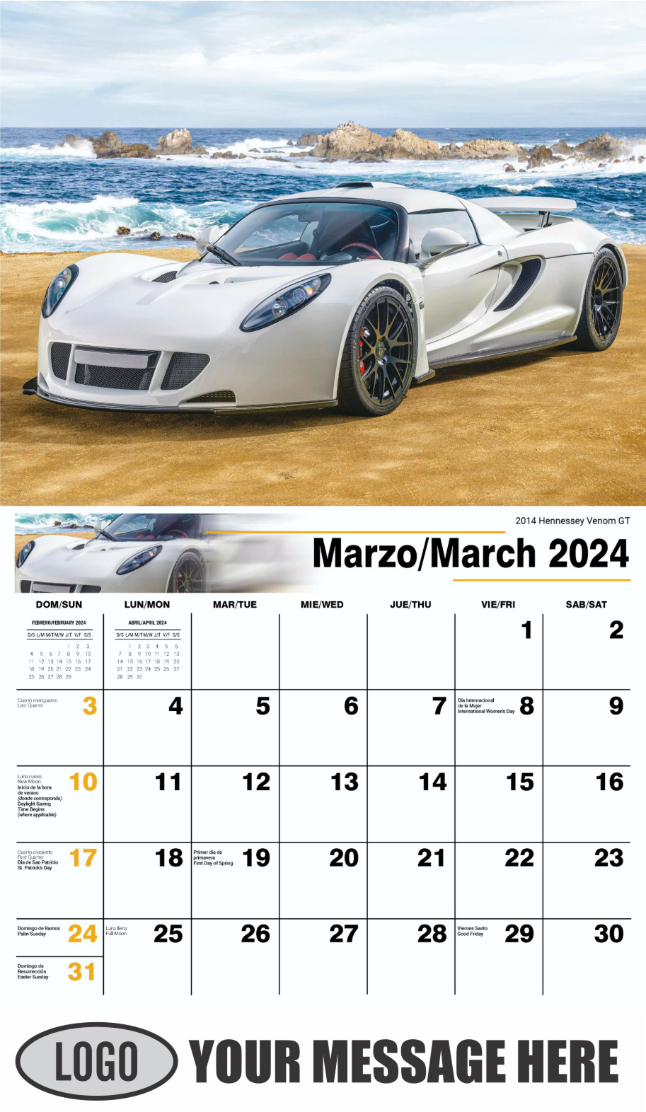 Exotic Cars 2024 Bilingual Automotive Business Promotional Calendar - March
