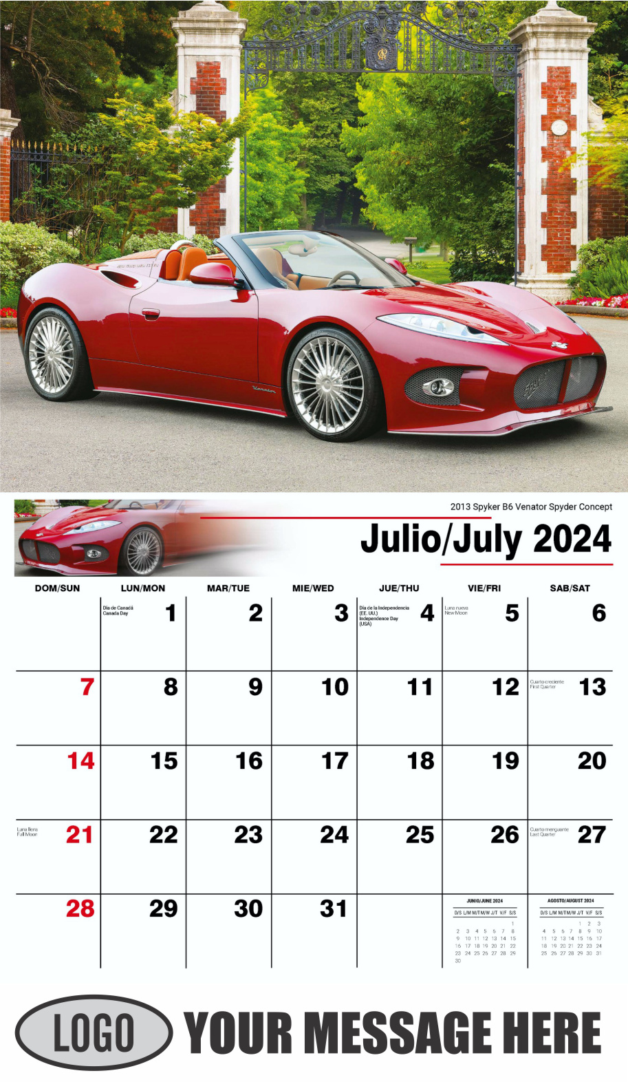 Exotic Cars 2024 Bilingual Automotive Business Promotional Calendar - July