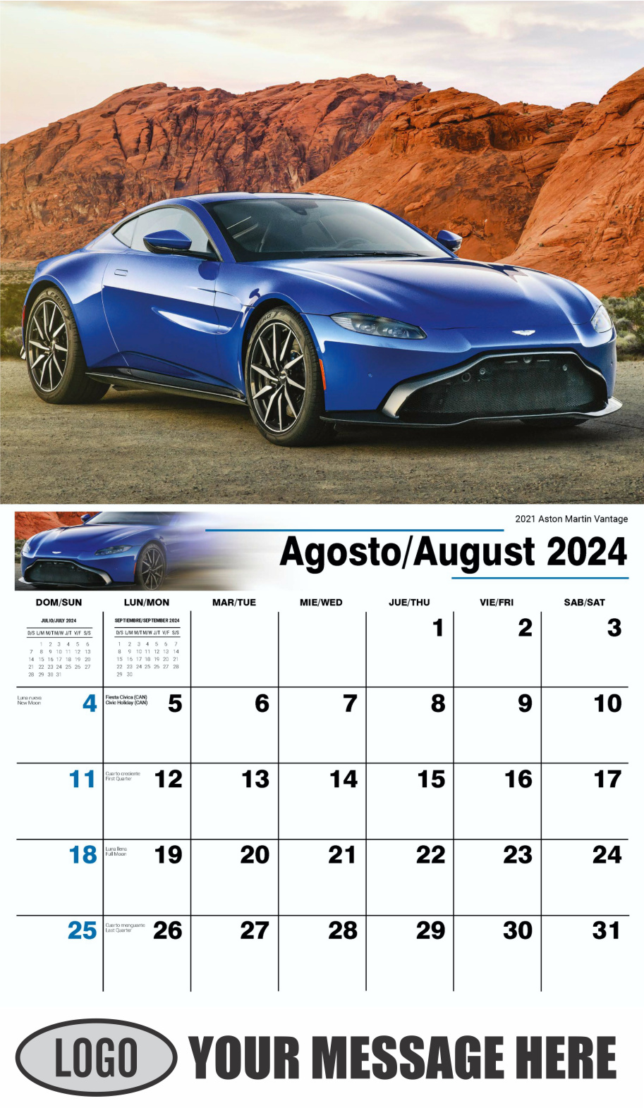 Exotic Cars 2024 Bilingual Automotive Business Promotional Calendar - August