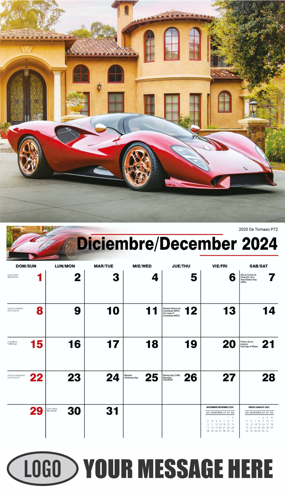 Exotic Cars 2024 Bilingual Automotive Business Promotional Calendar - December