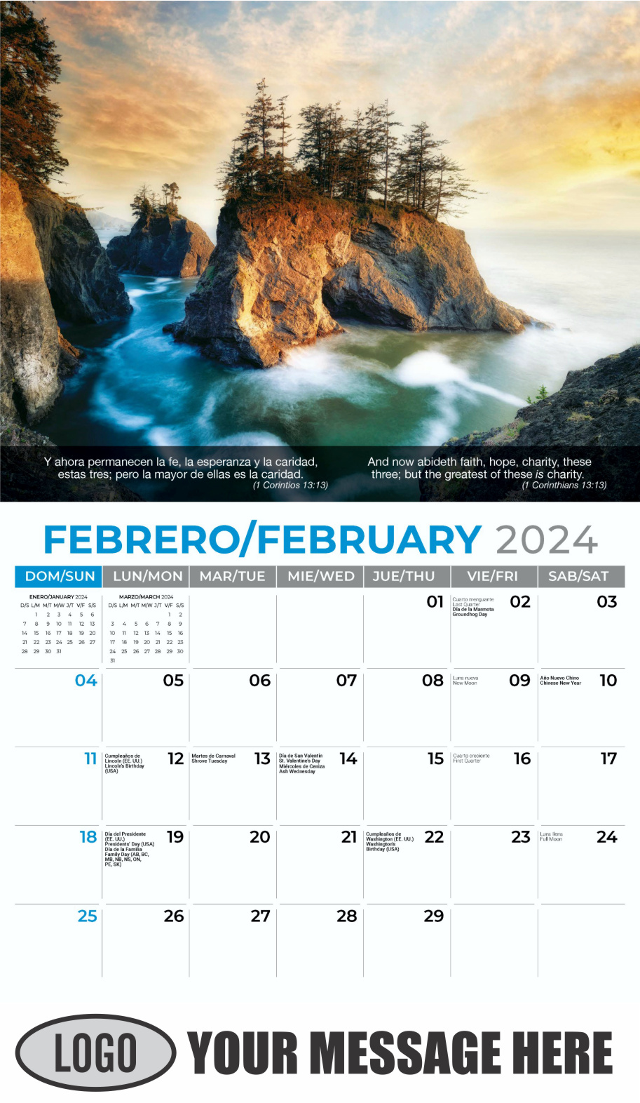 Faith Passages 2024 Bilingual Christian Faith Business Promotional Calendar - February