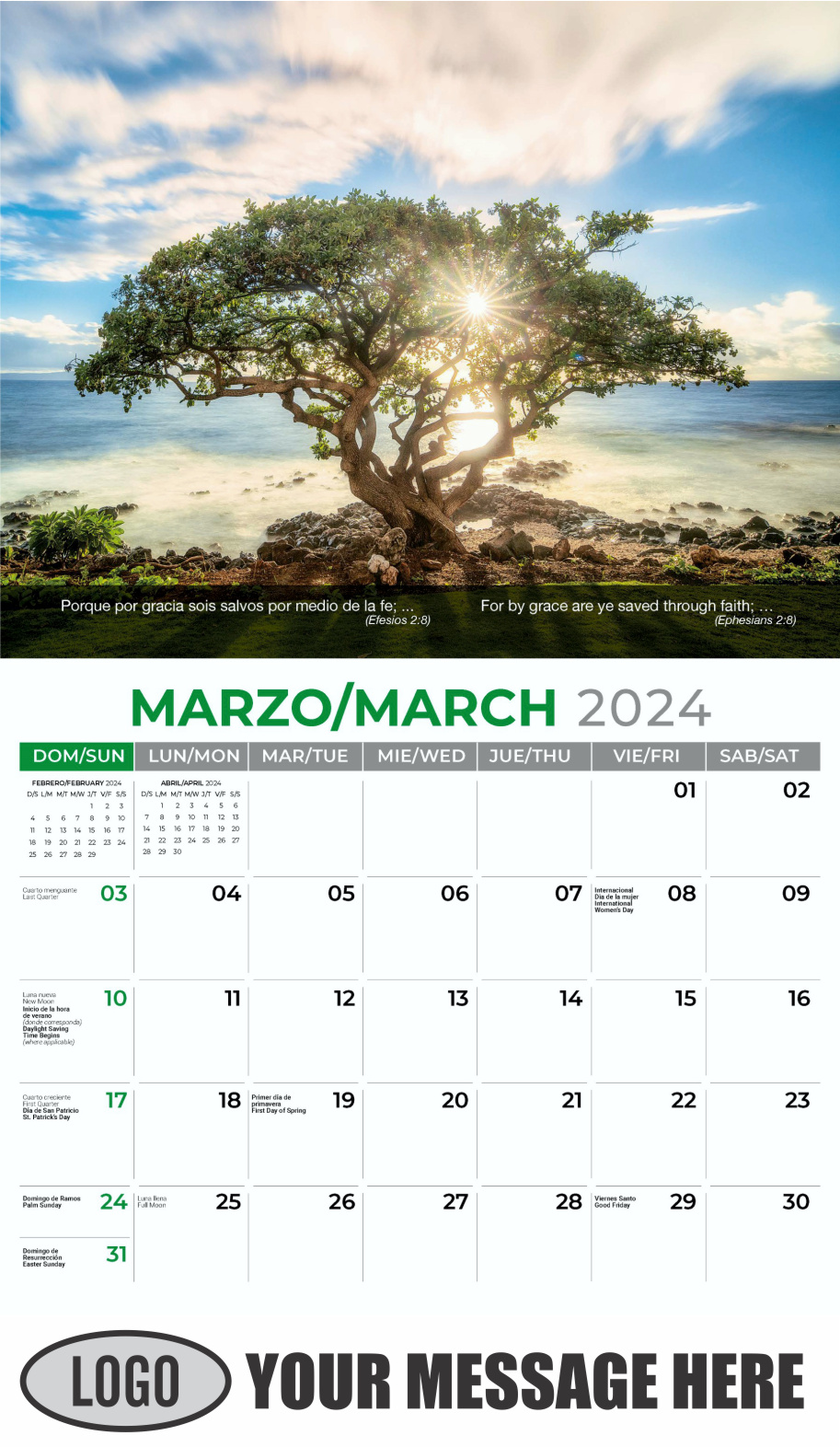 Faith Passages 2024 Bilingual Christian Faith Business Promotional Calendar - March