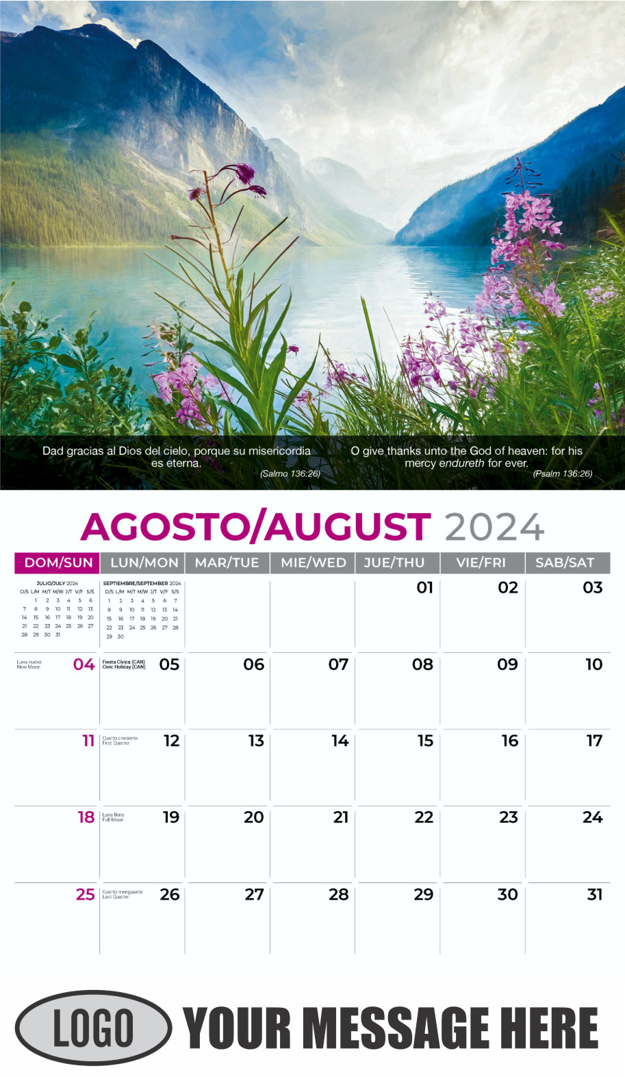 Faith Passages 2024 Bilingual Christian Faith Business Promotional Calendar - August