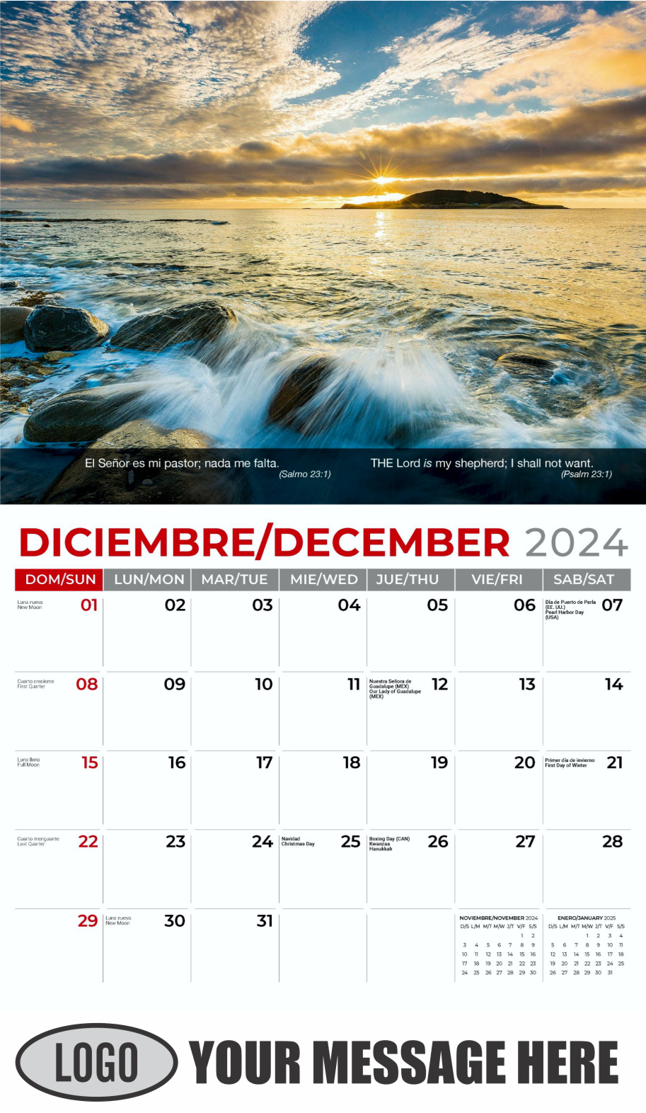 Faith Passages 2024 Bilingual Christian Faith Business Promotional Calendar - December