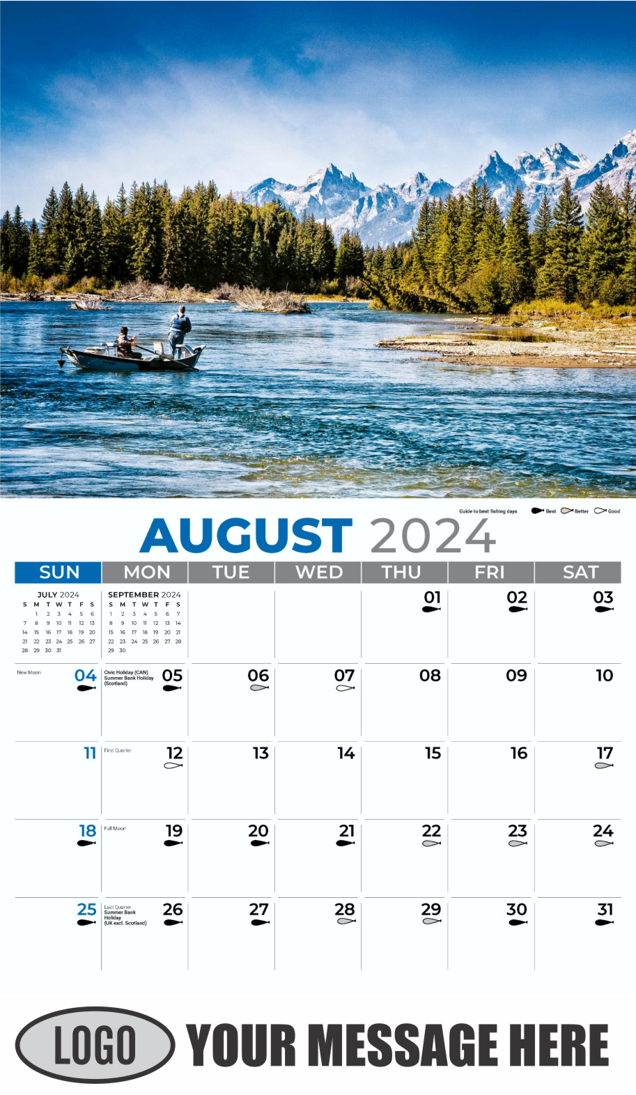 Fishing and Hunting 2024 Business Promotion Calendar - August