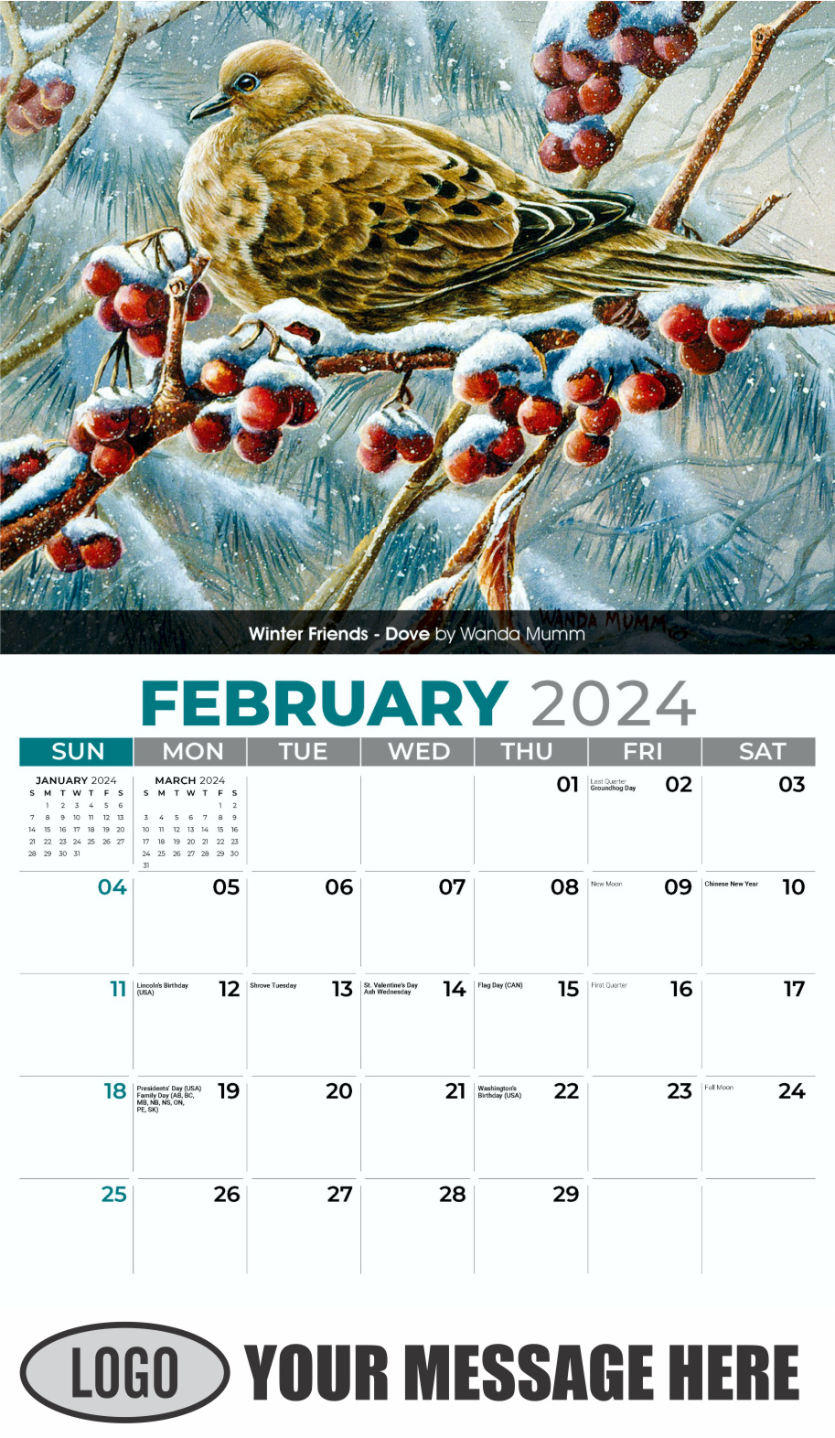Garden Birds 2024 Business Promotional Calendar - February
