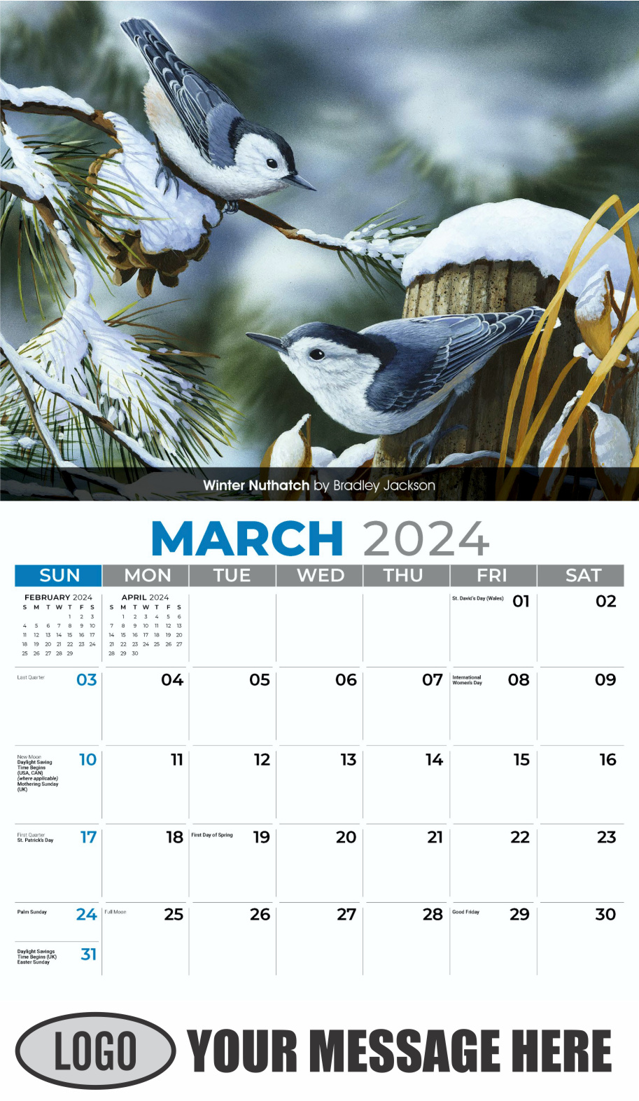 Garden Birds 2024 Business Promotional Calendar - March