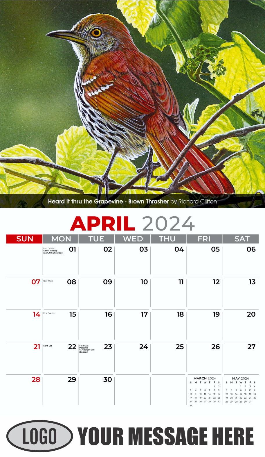 Garden Birds 2024 Business Promotional Calendar - April