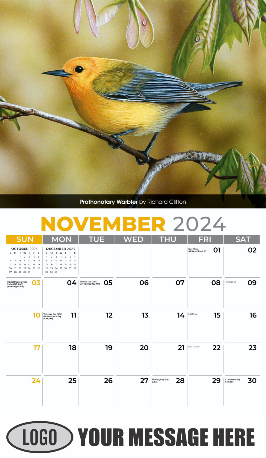 Garden Birds 2024 Business Promotional Calendar - November