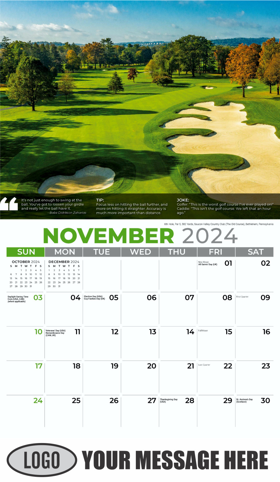 Golf Tips 2024 Business Promo Calendar - November