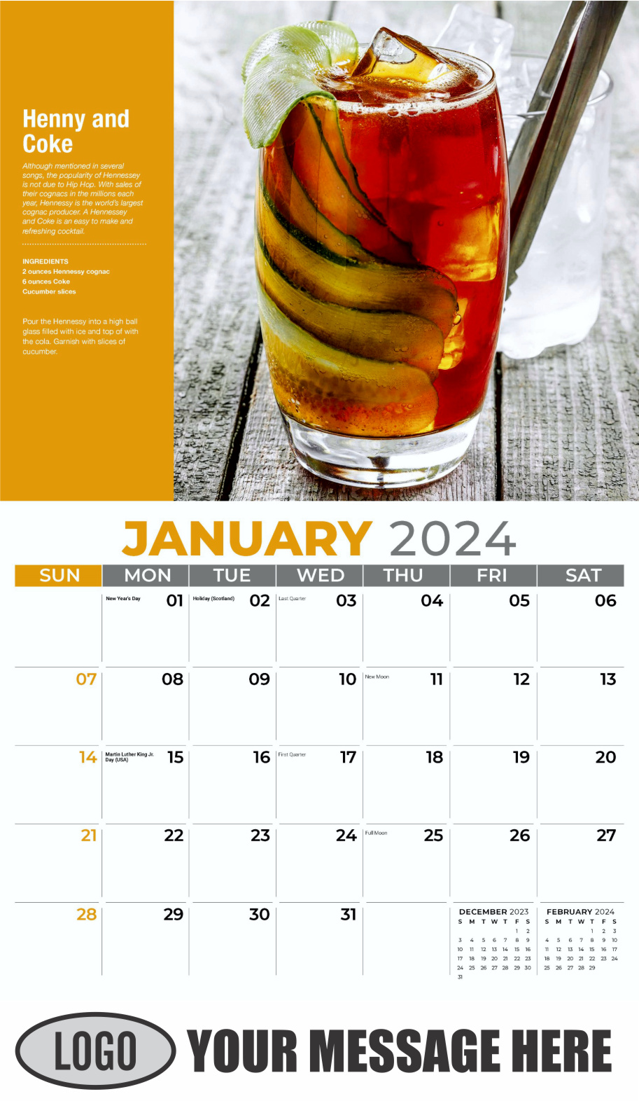 Happy Hour Cocktails 2024 Business Promotional Calendar - January