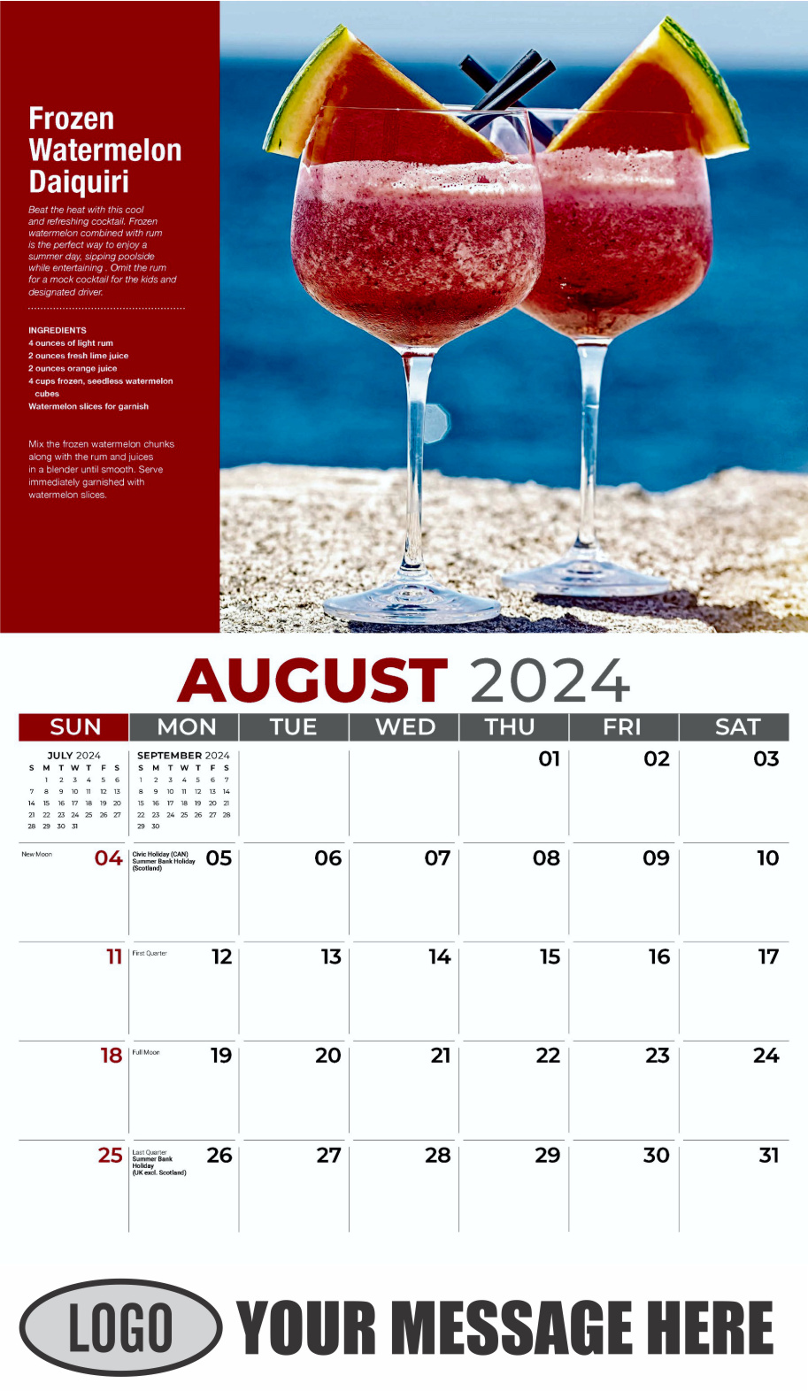 Happy Hour Cocktails 2024 Business Promotional Calendar - August