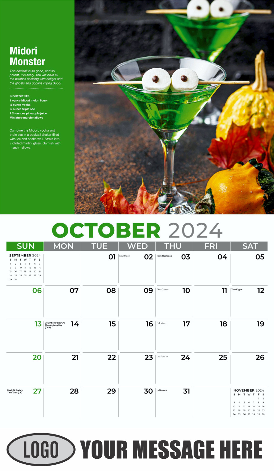 Happy Hour Cocktails 2024 Business Promotional Calendar - October