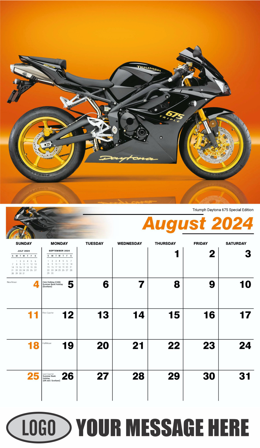 Motorcycle Mania 2024 Automotve Business Advertising Wall Calendar - August
