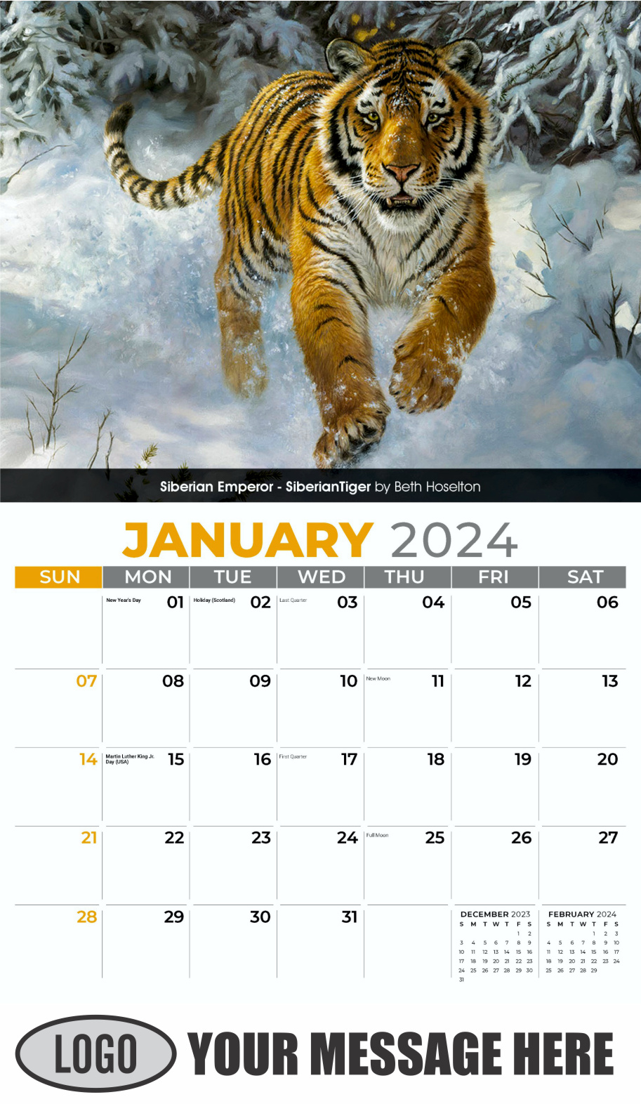 Wildlife Art Portraits 2024 Business Promotion Wall Calendar - January