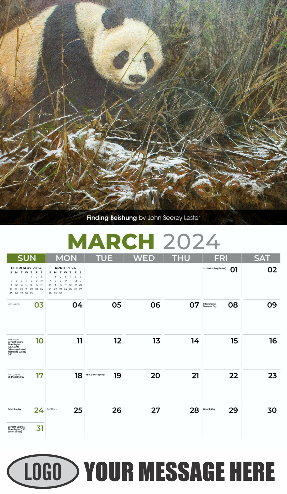 Wildlife Art Portraits 2024 Business Promotion Wall Calendar - March