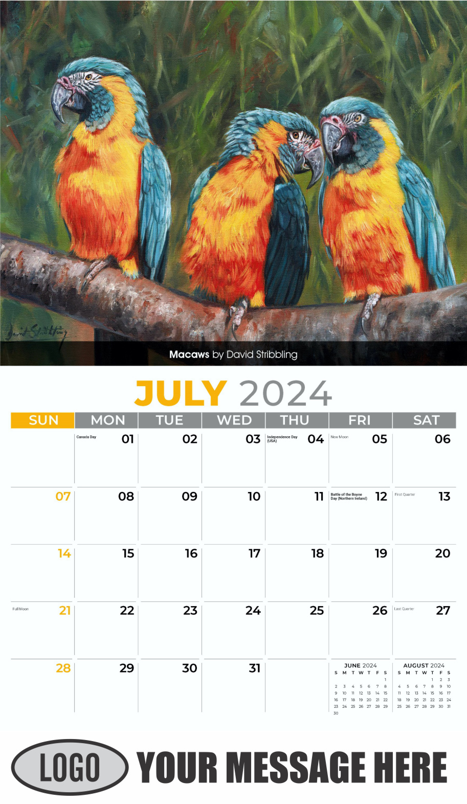 Wildlife Art Portraits 2024 Business Promotion Wall Calendar - July