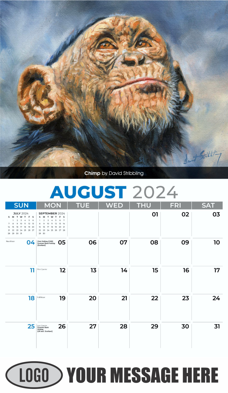 Wildlife Art Portraits 2024 Business Promotion Wall Calendar - August