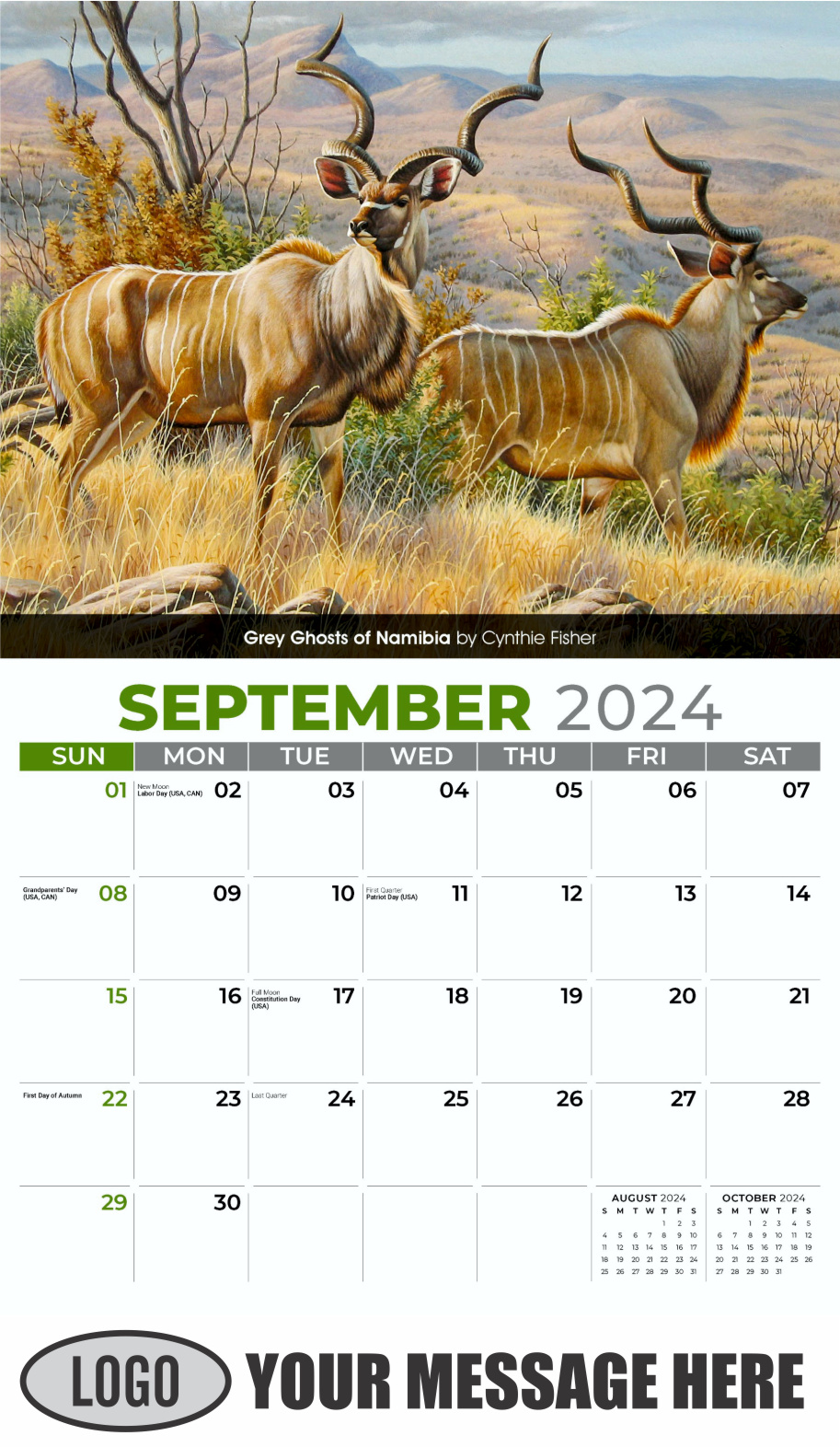 Wildlife Art Portraits 2024 Business Promotion Wall Calendar - September